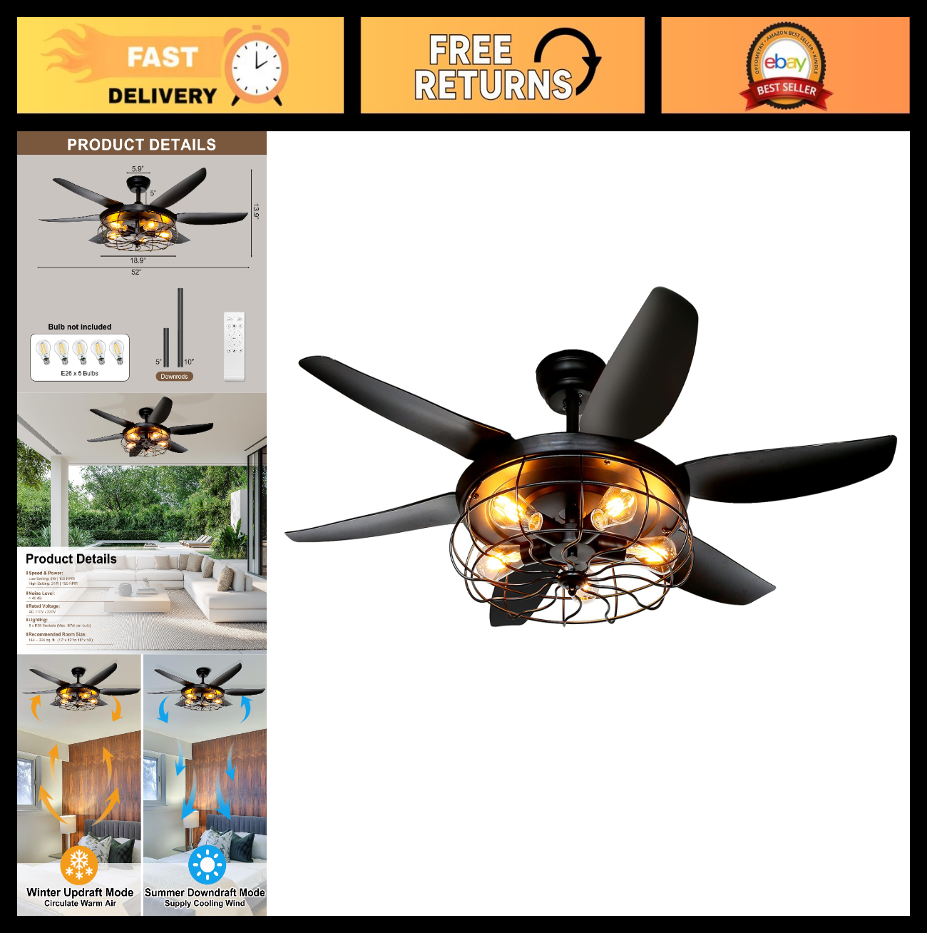 52" Rustic Farmhouse Ceiling Fan with Lights & Remote | Caged Fixture for Indoor0