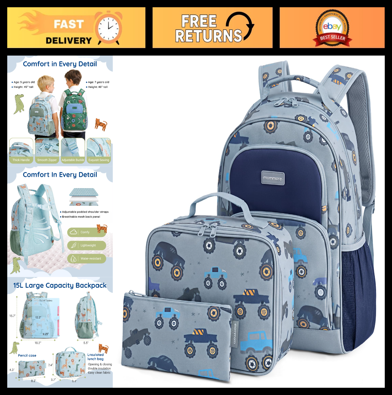 Kids Backpack Set for Kindergarten & Preschool - 3 PCS with Lunch Box & Pencil C0