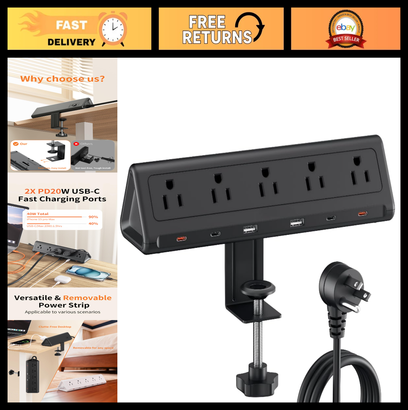 10FT Desk Clamp Power Strip, 5 AC Outlets, 6 USB Ports, PD 40W Fast Charging, Bl0