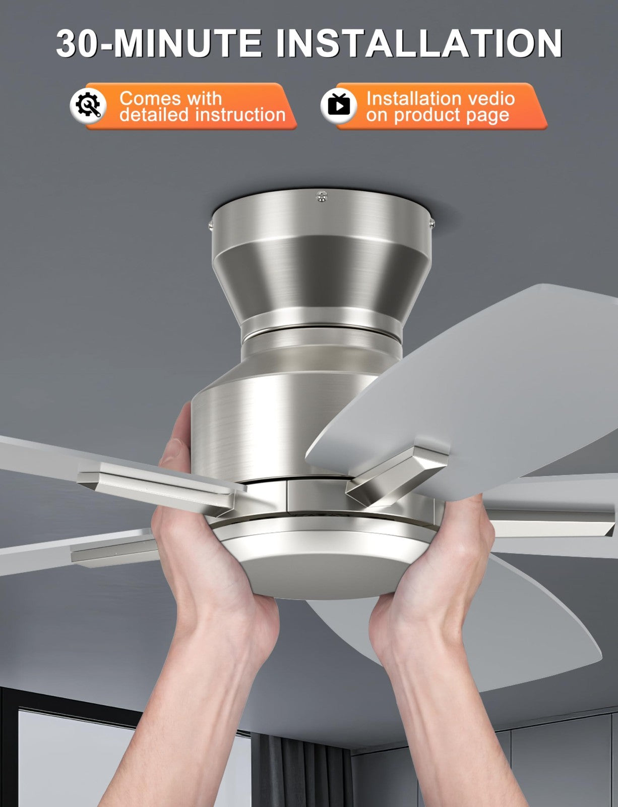 42" Low Profile Ceiling Fan   No Light, Flush Mount, Remote/App Control, Quiet D5