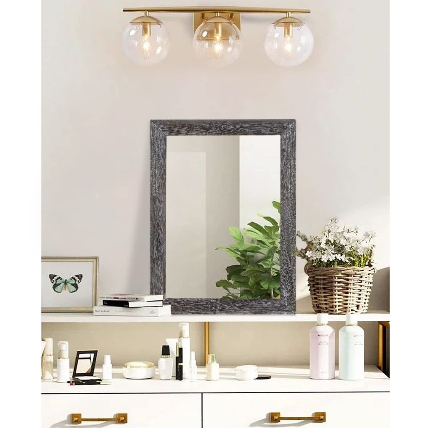 Rustic Rectangle Wall Mirror with Wood Frame - Decorative Hanging Mirror for Hom3