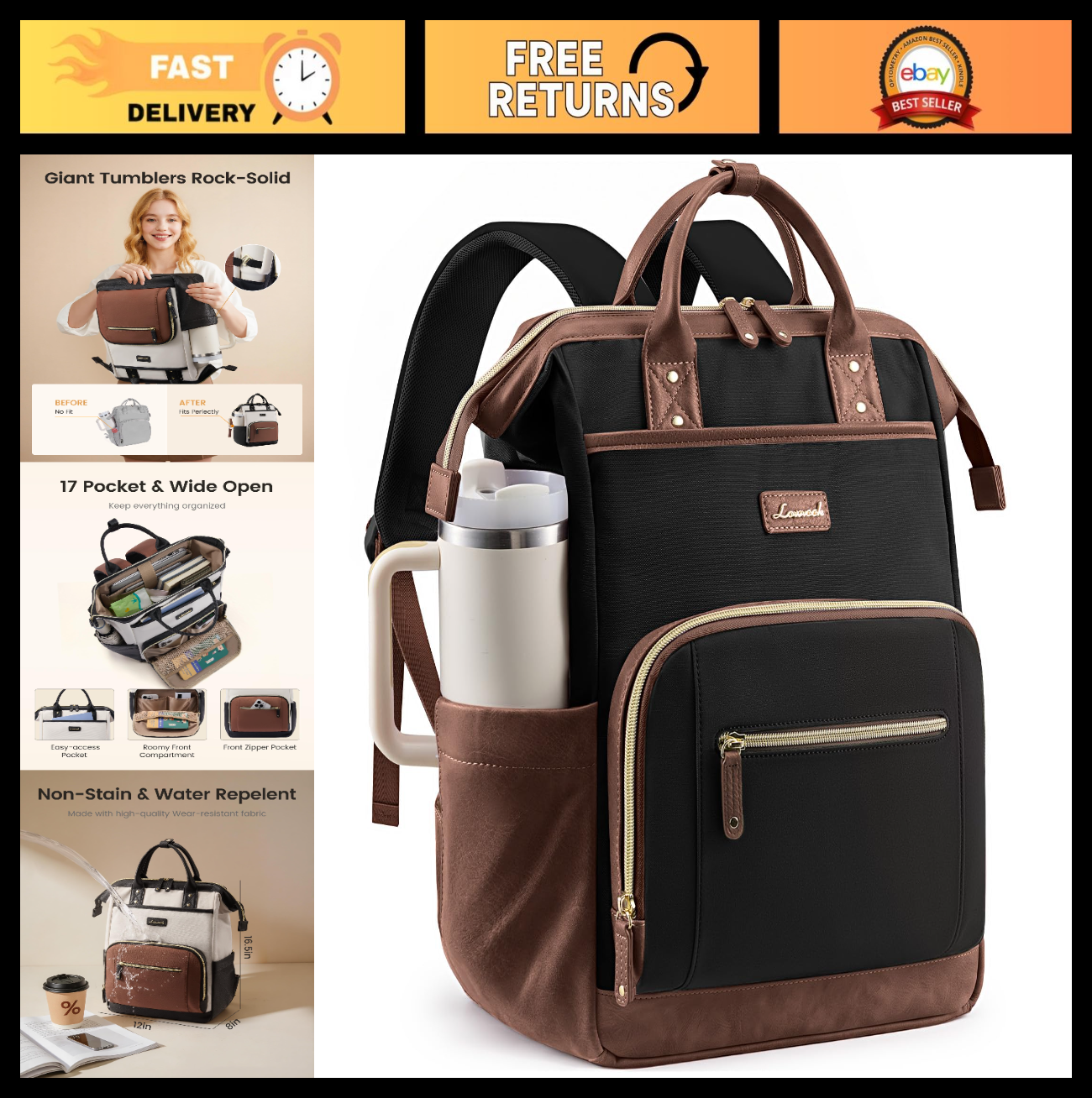 Stylish 15.6" Laptop Backpack for Women, Waterproof Travel Bag with Tumbler Hold0
