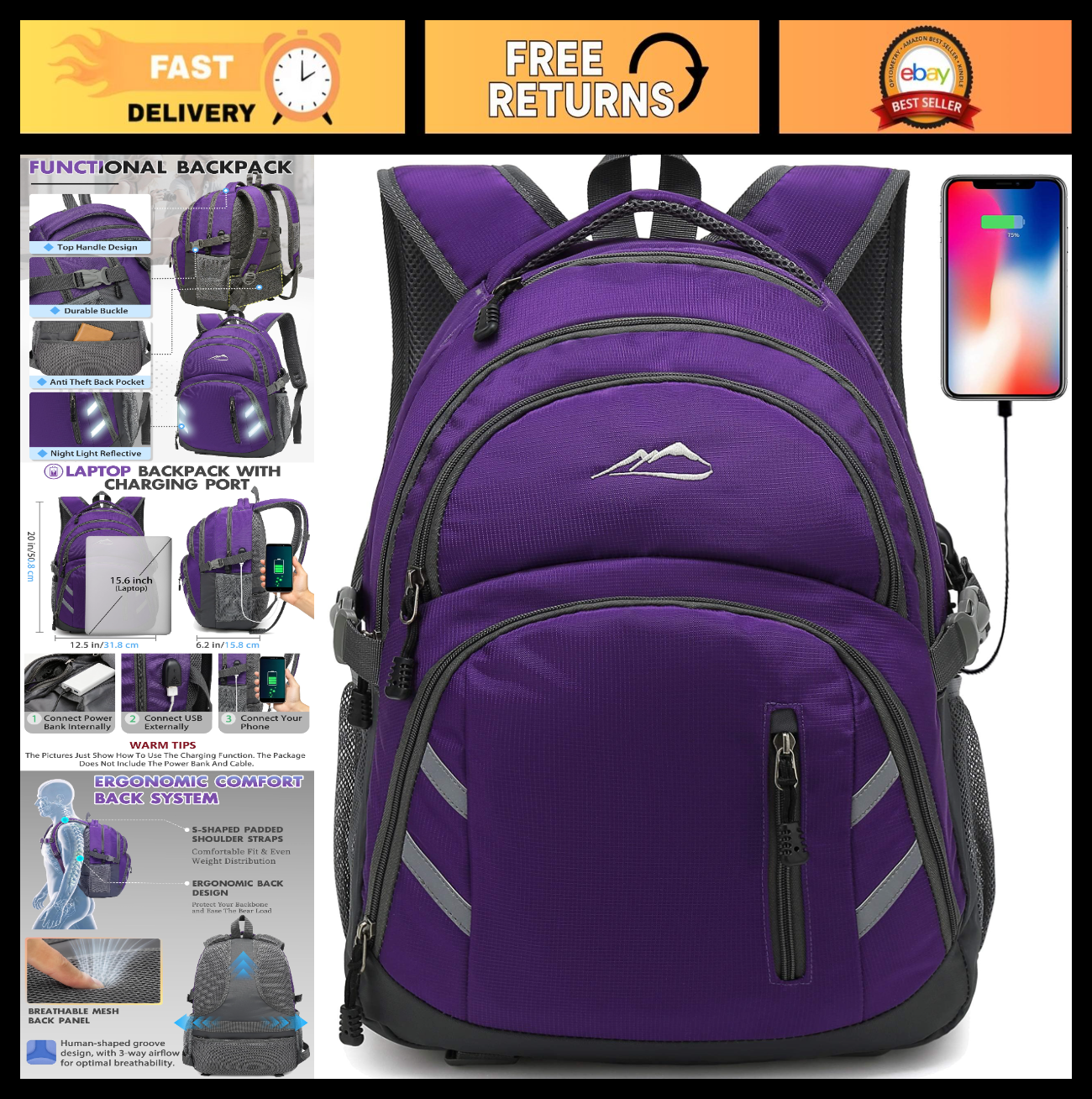 College Laptop Backpack with USB Charging Port, Anti Theft, Fits 15.6" Laptops,0