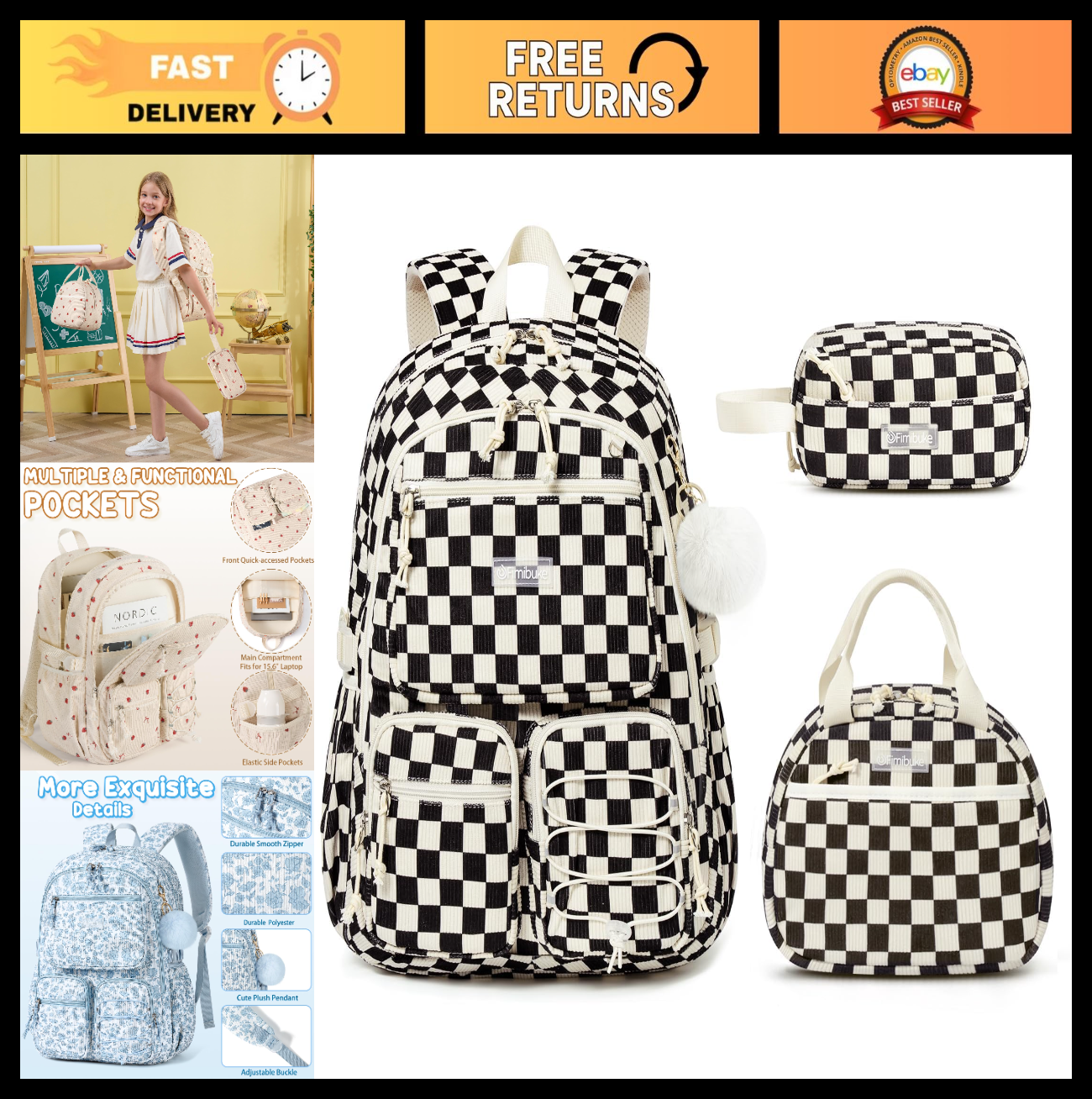 Stylish Corduroy Backpack Set for Girls   3PCS Kids School Bag with Lunch Box0