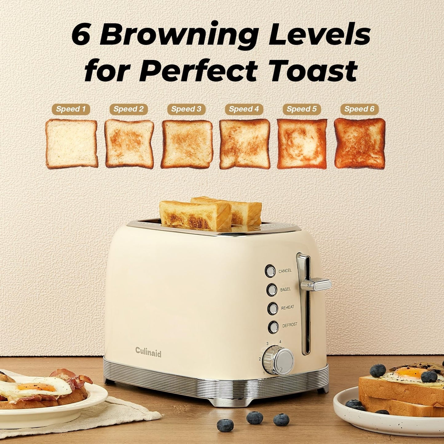 Retro 2 Slice Stainless Steel Toaster in Cream White, Compact Design, Easy Clean3