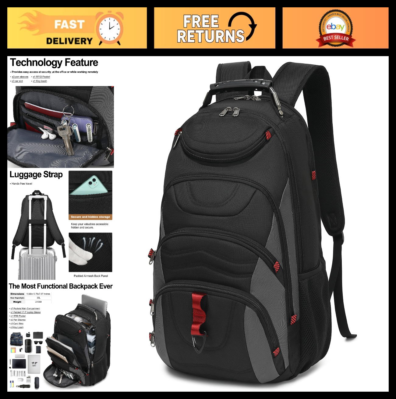 17.3" Laptop Backpack, Waterproof Travel Bag with USB Port, Anti Theft, Casual W0