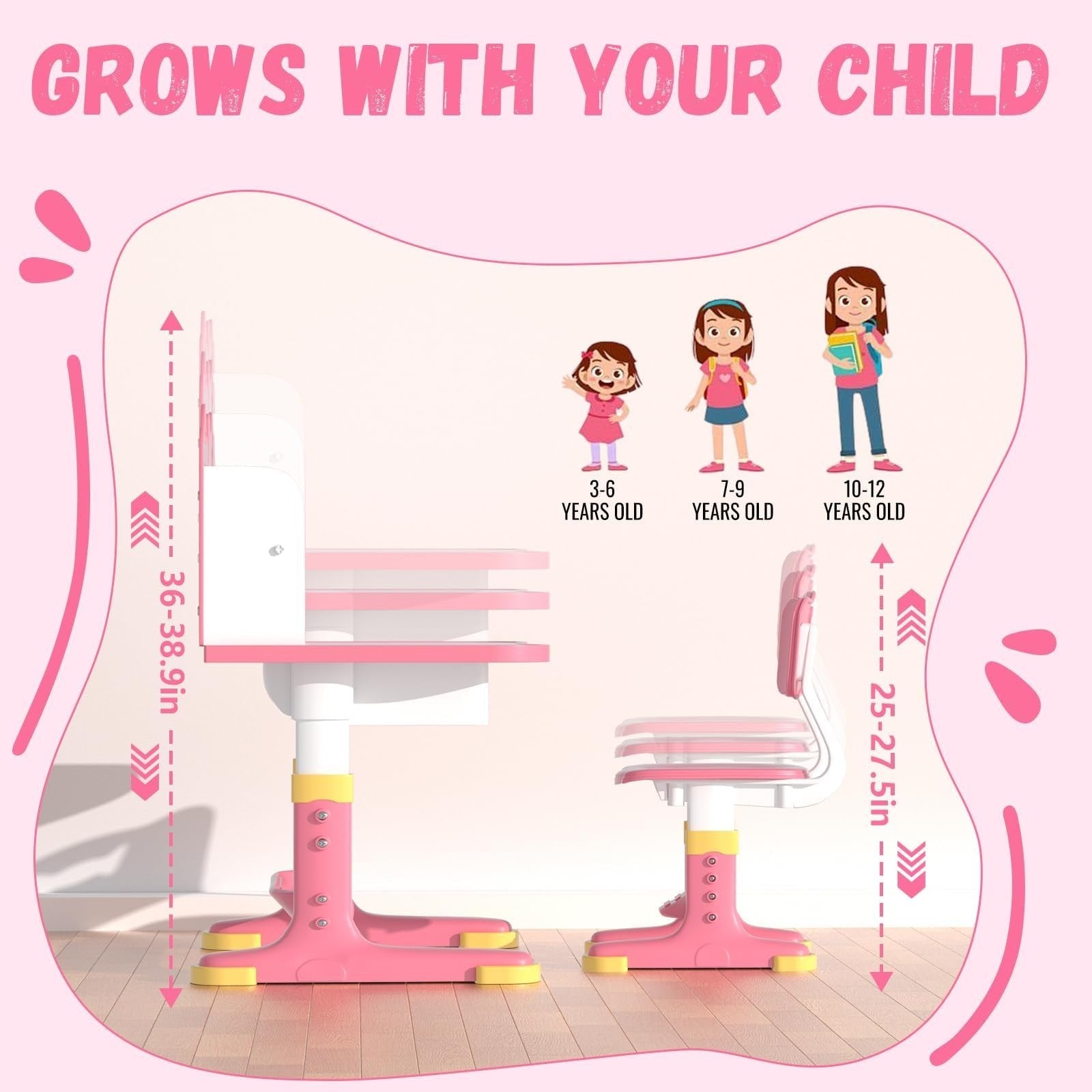Height Adjustable Kids Study Desk & Chair Set for Ages 3 12   Learning Furniture4