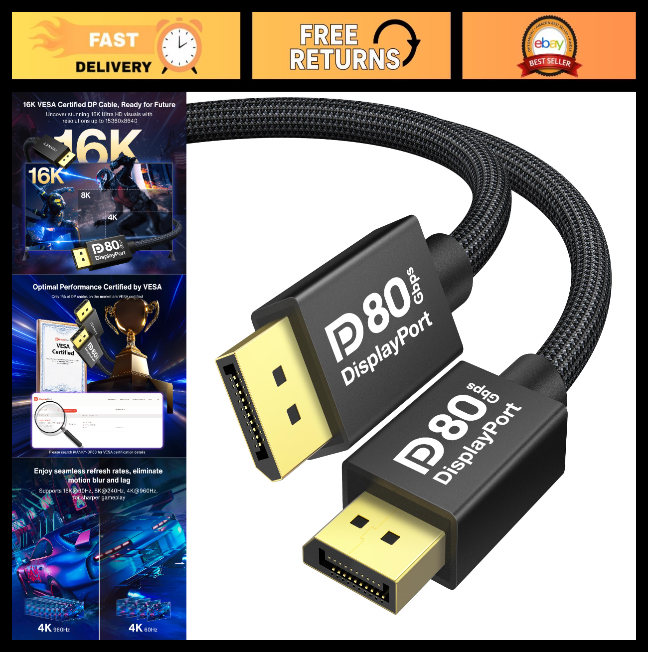 80Gbps DisplayPort 2.1 Cable 6.6FT, 16K@60Hz, 8K@240Hz, HDR, Gaming Monitor Cord0