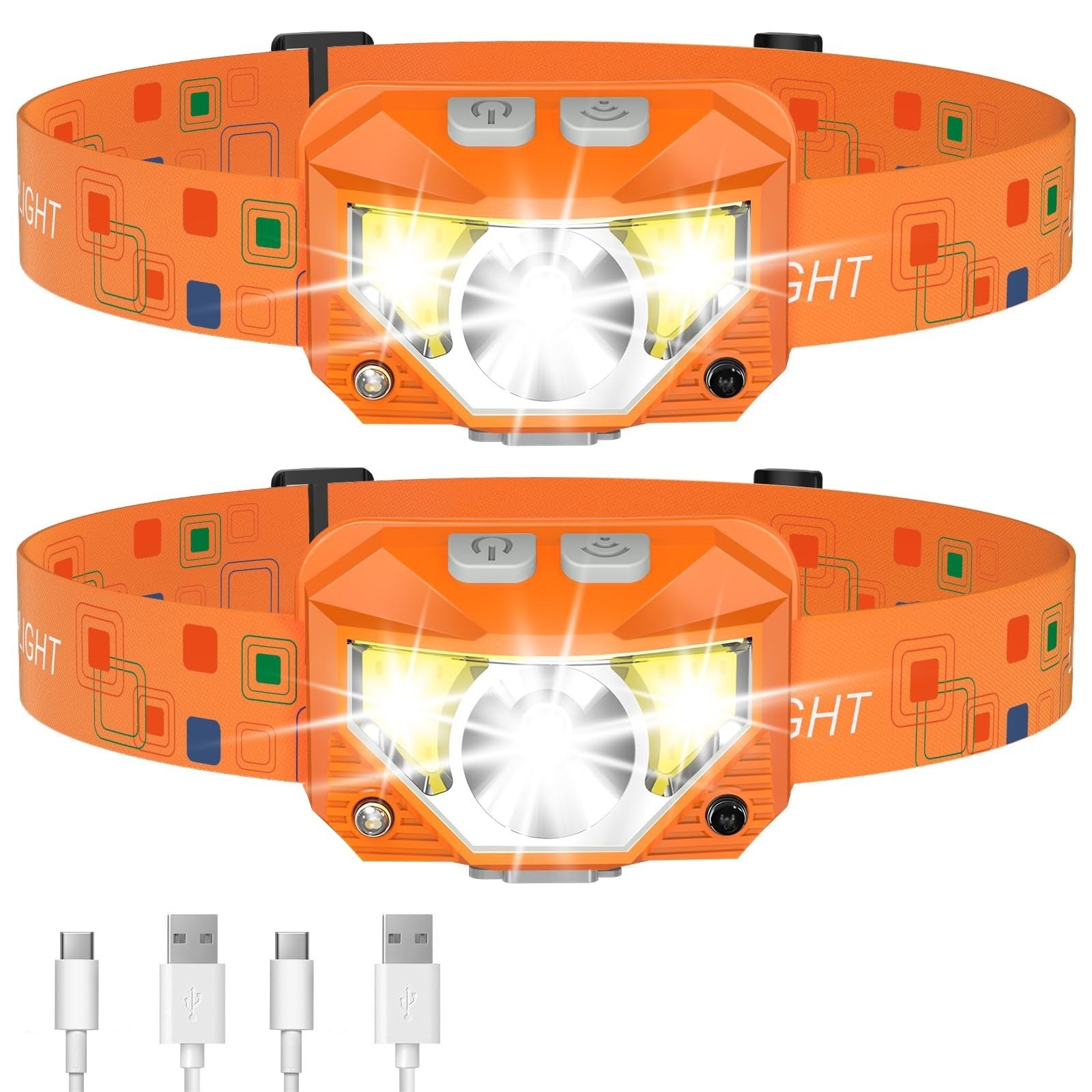 Ultra Light LED Headlamp Flashlight 2 Pack, Rechargeable, Waterproof, Motion Sen1
