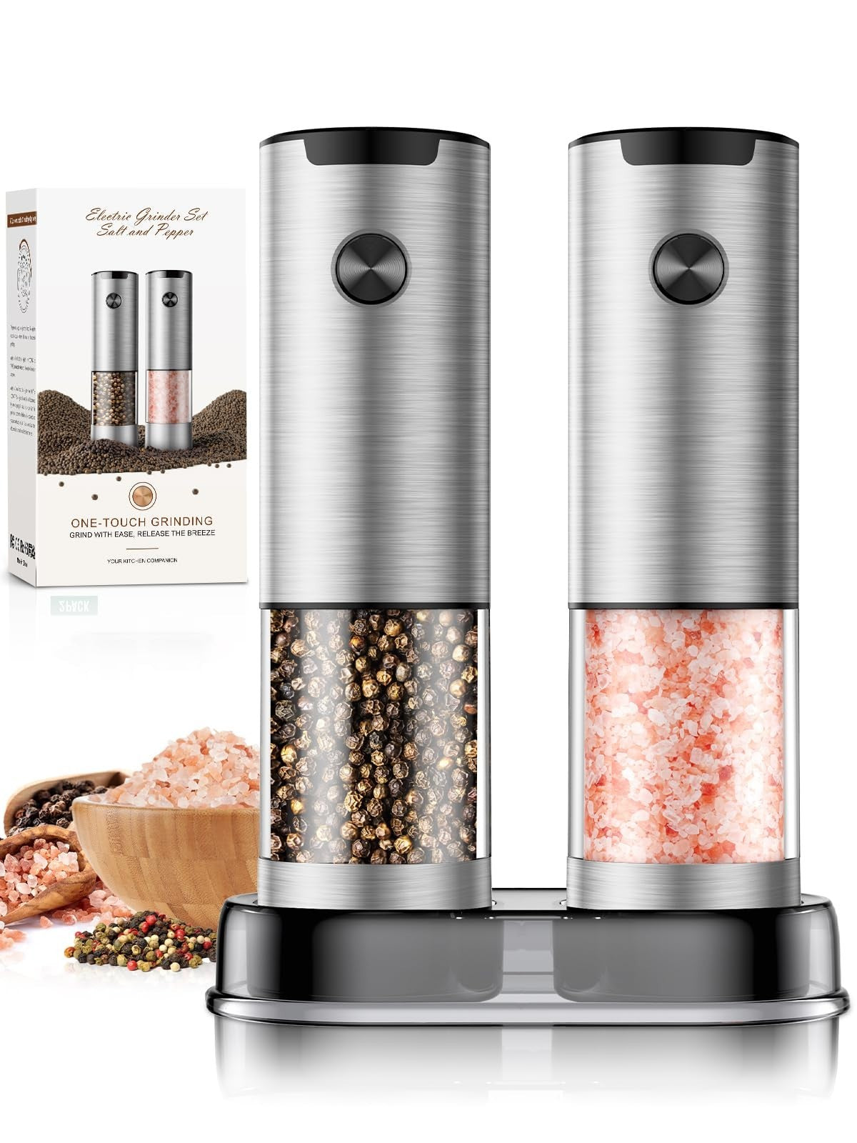 Automatic Electric Salt & Pepper Grinder Set   Adjustable Coarseness, LED Light,1