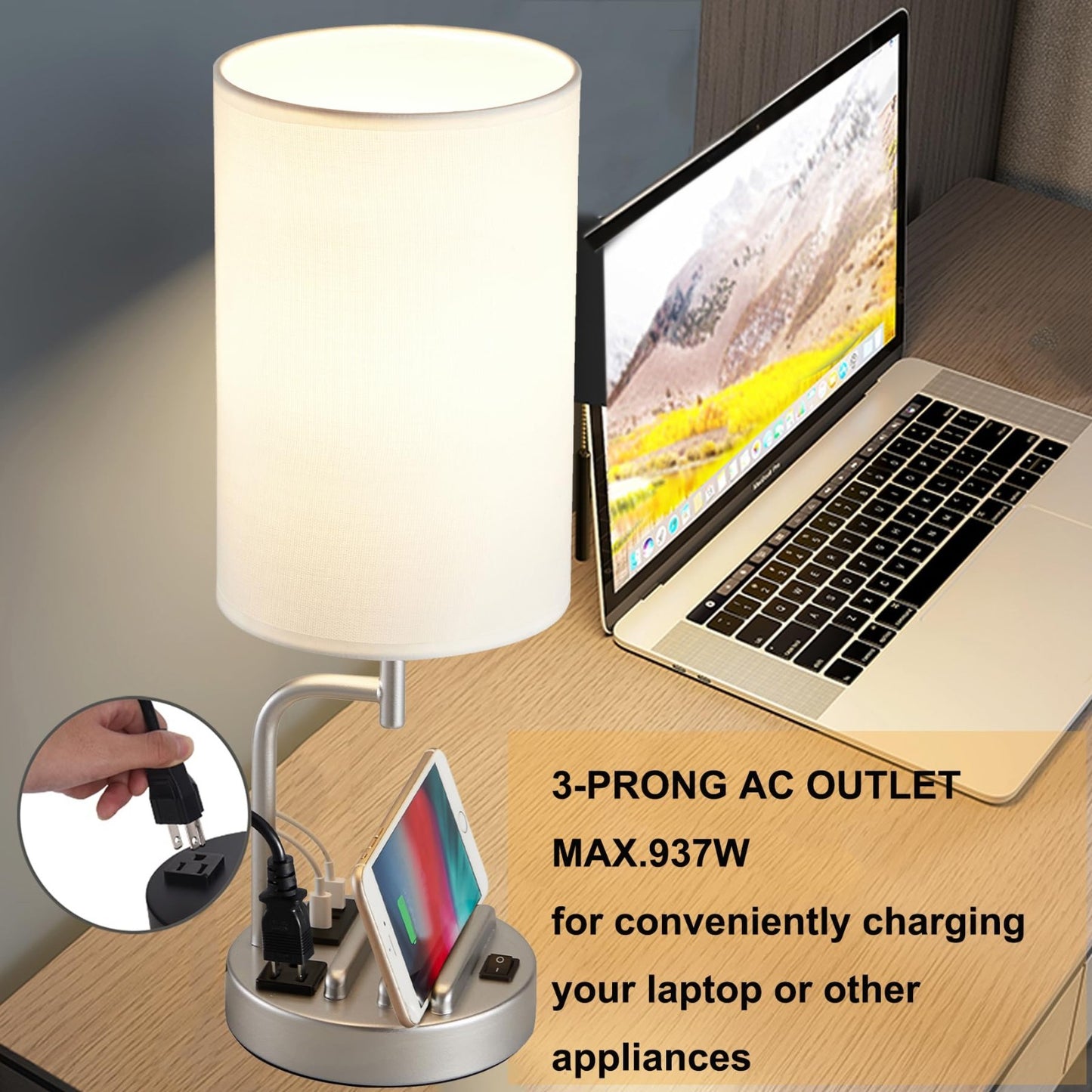 Modern Table Lamp with 3 USB Ports & AC Outlet, Desk Lamp for Bedroom & Office  3
