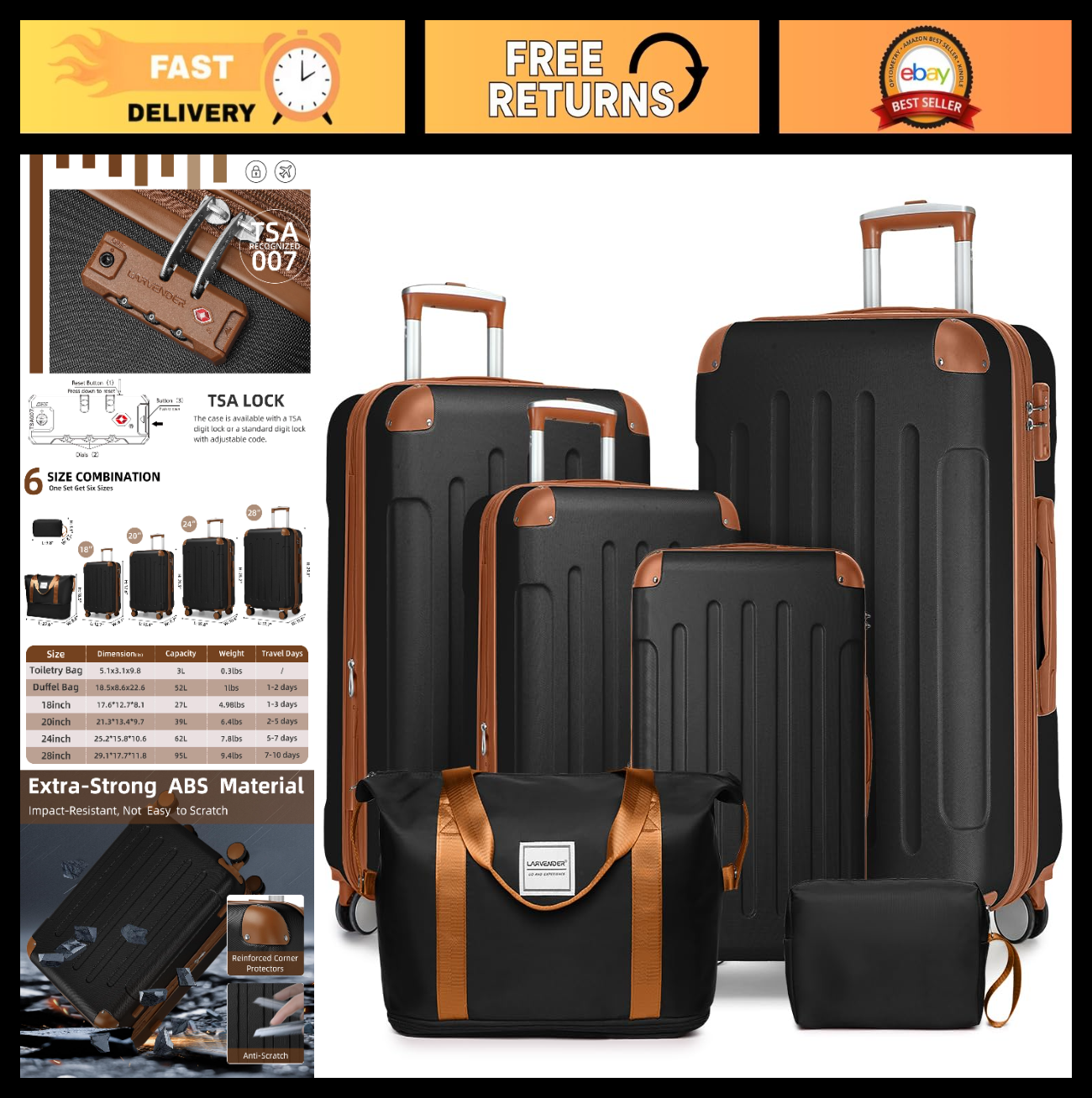 Expandable 6-Piece Luggage Set with 360° Spinner Wheels, TSA Lock, Lightweight A0