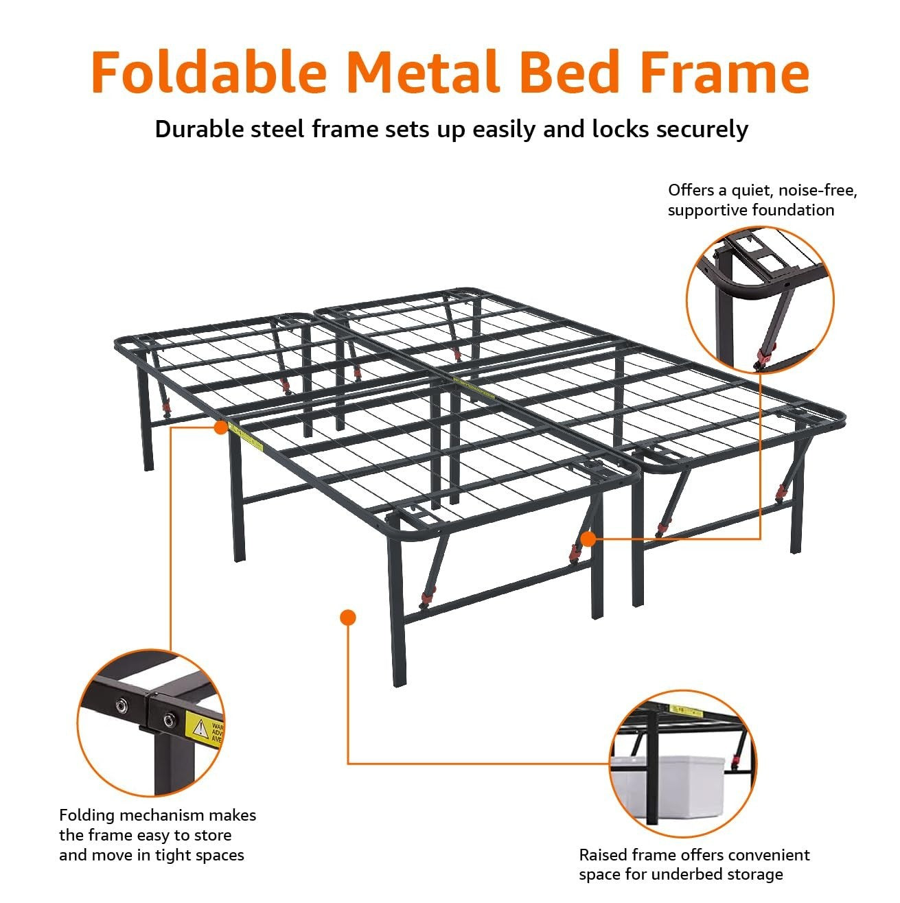Foldable Metal Platform Bed Frame   King Size, Sturdy Steel, 18" High, No Box Sp6