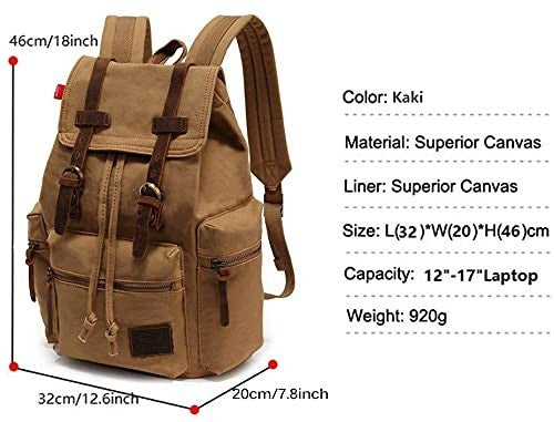 Vintage Canvas Backpack with Leather Trim, Padded Laptop Sleeve 12" 17", Travel2