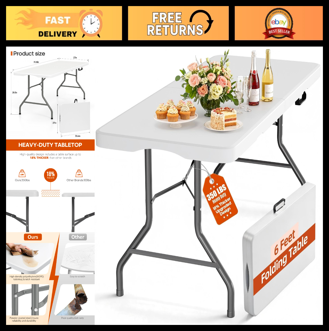 6FT Folding Table - Heavy Duty, 350 LBS Capacity, Waterproof HDPE Top, Portable0