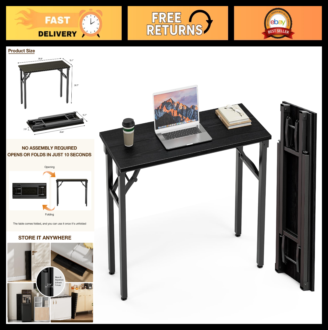 Compact Folding Desk - 35.8" Portable Office Table for Small Spaces, No Assembly0