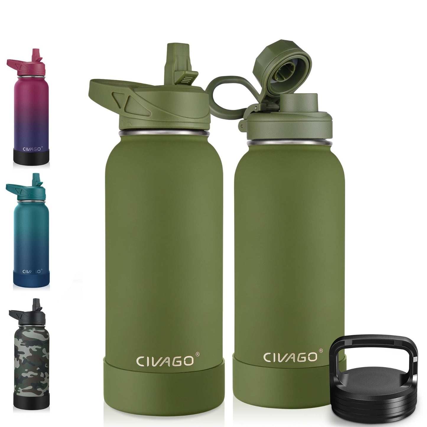 32 oz Insulated Water Bottle with Straw & 3 Lids   Stainless Steel Sports Flask,1