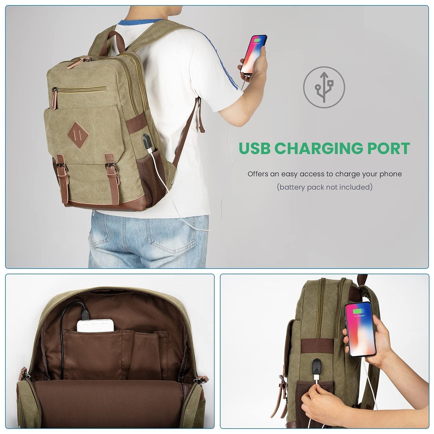 Vintage Canvas Backpack with USB Charging, Fits 15.6" Laptop, Travel Bag2