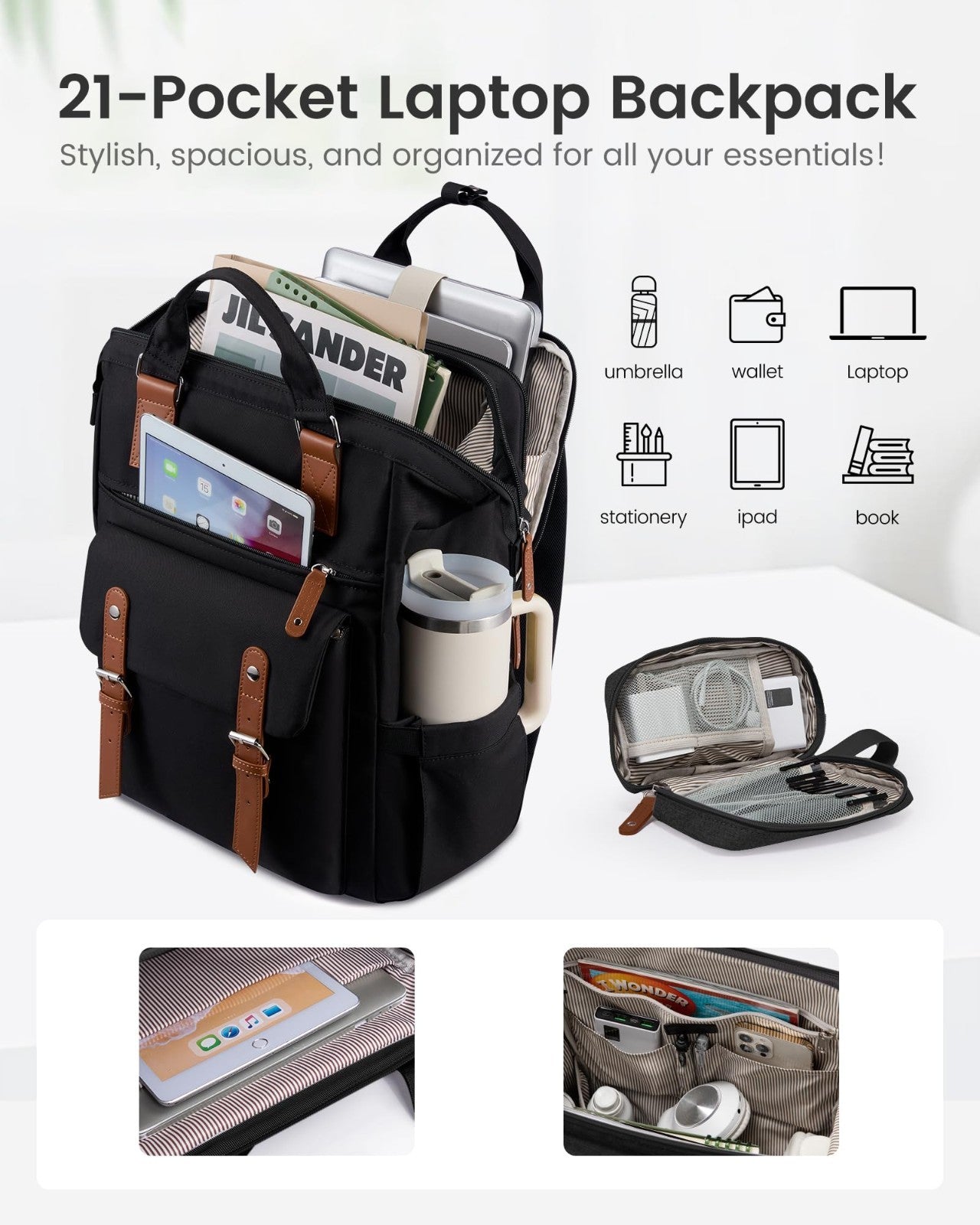 Stylish Waterproof Laptop Backpack for Women, 17.3" Travel Bag with Tumbler Hold2