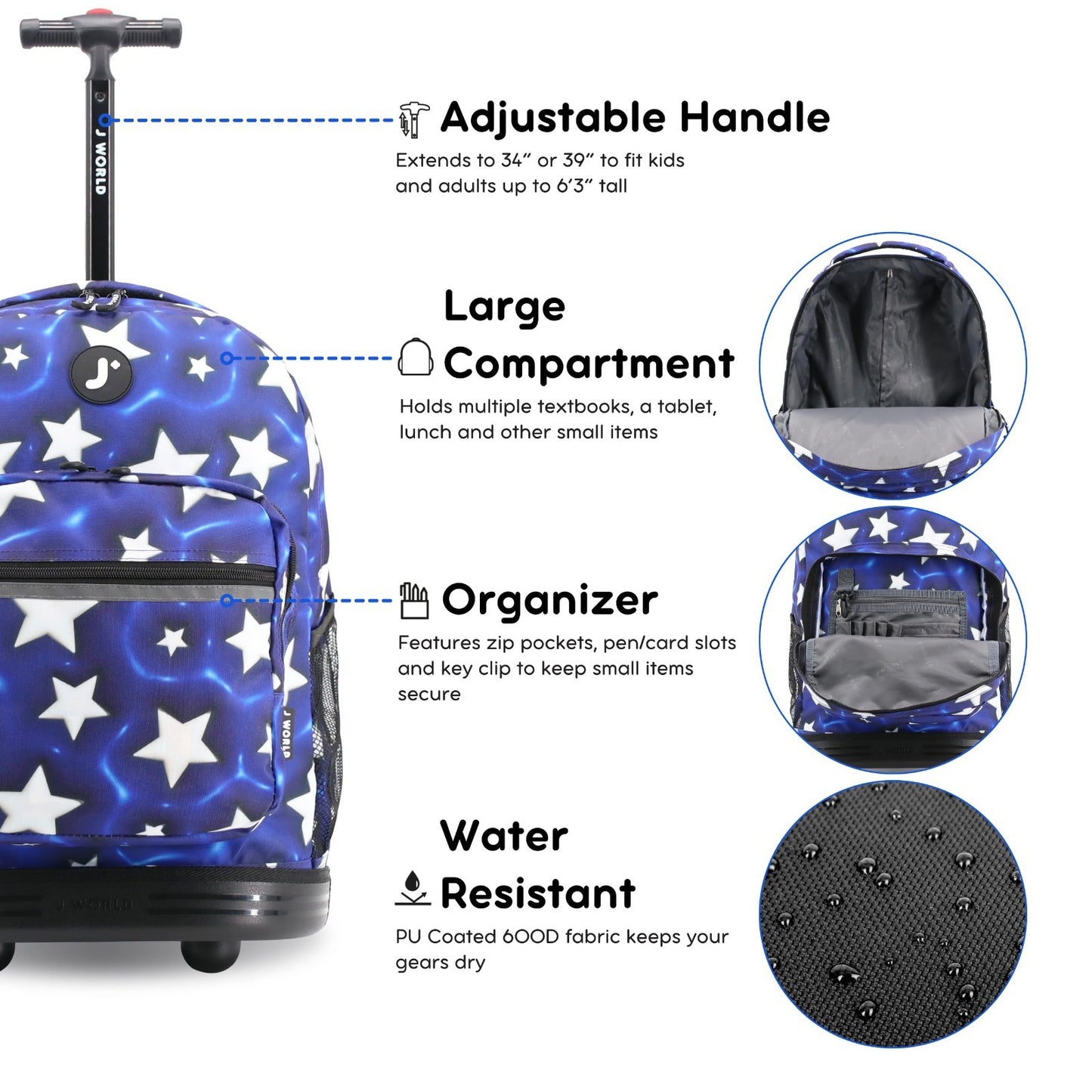 Kids Rolling Backpack with Wheels, 18" Bookbag for School, Puffy Star Design, Un2