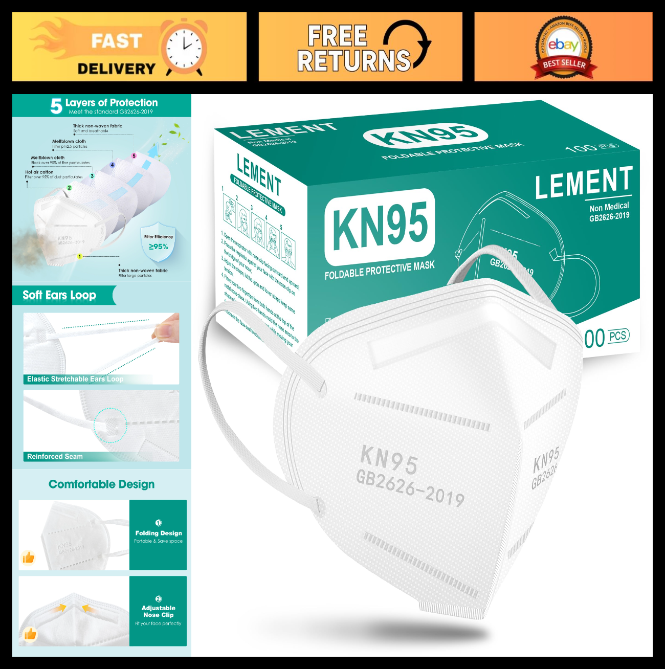 100 Pack KN95 Face Masks   Breathable Disposable Dust Masks for Adults, White0