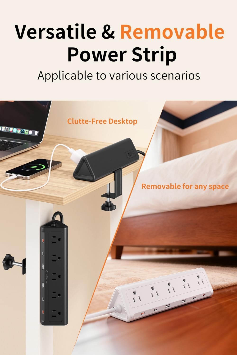 10FT Desk Clamp Power Strip, 5 AC Outlets, 6 USB Ports, PD 40W Fast Charging, Bl4