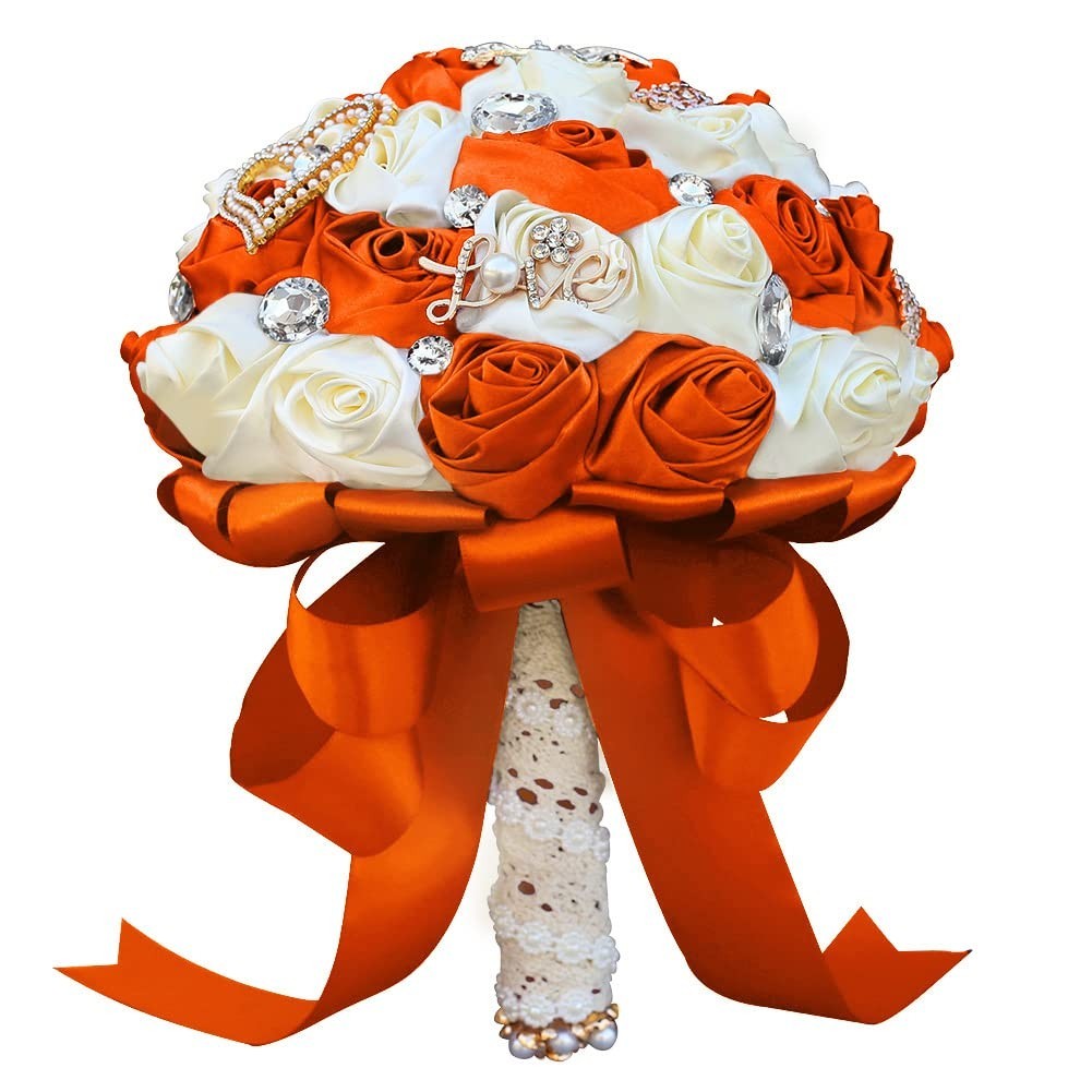 Handmade Satin Rose Bridal Bouquet - 8.3" Round Wedding Toss Flowers, Orange & I1