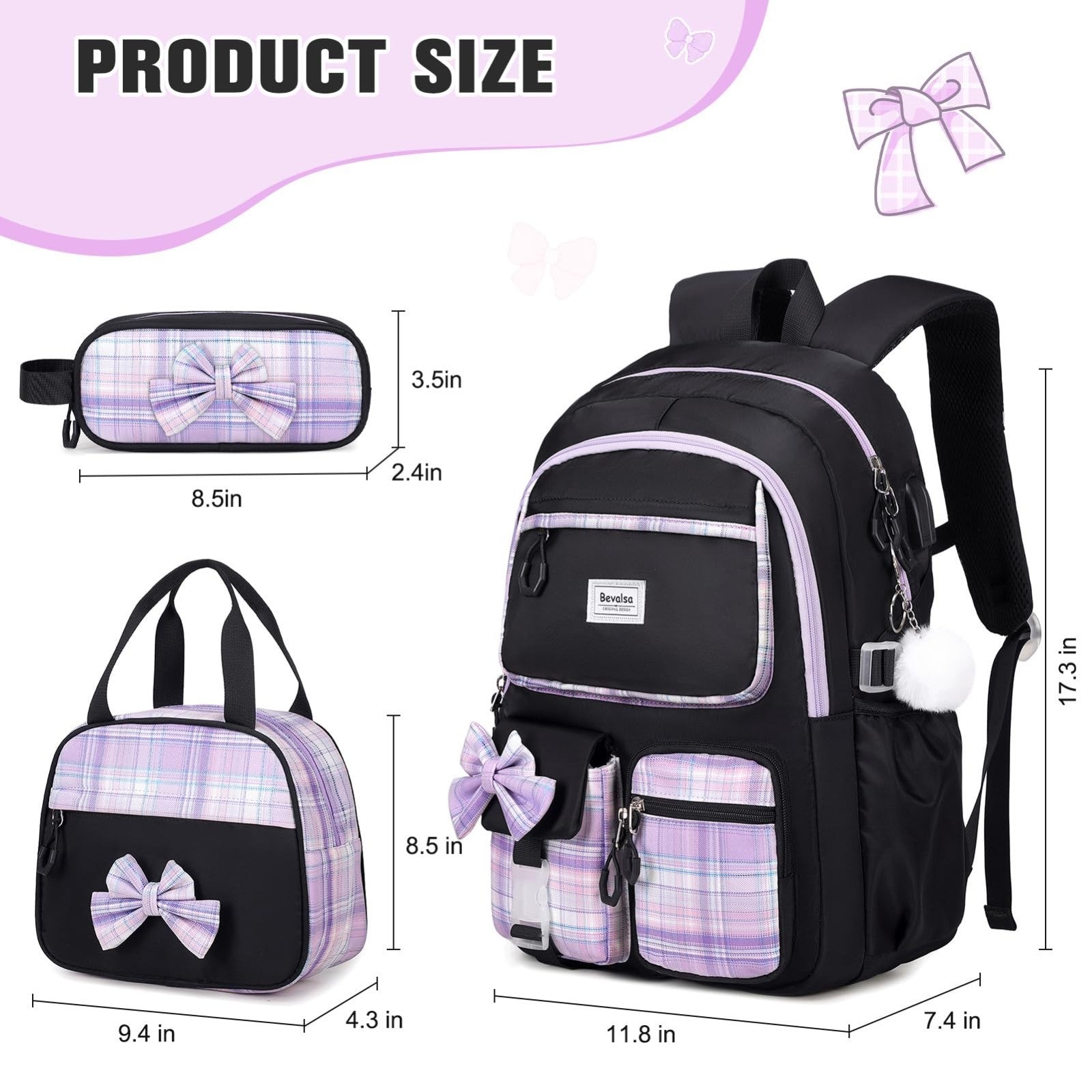 Cute Bow Backpack for Girls   School Bag with Lunch Bag & Pen Case, Stylish & Fu2