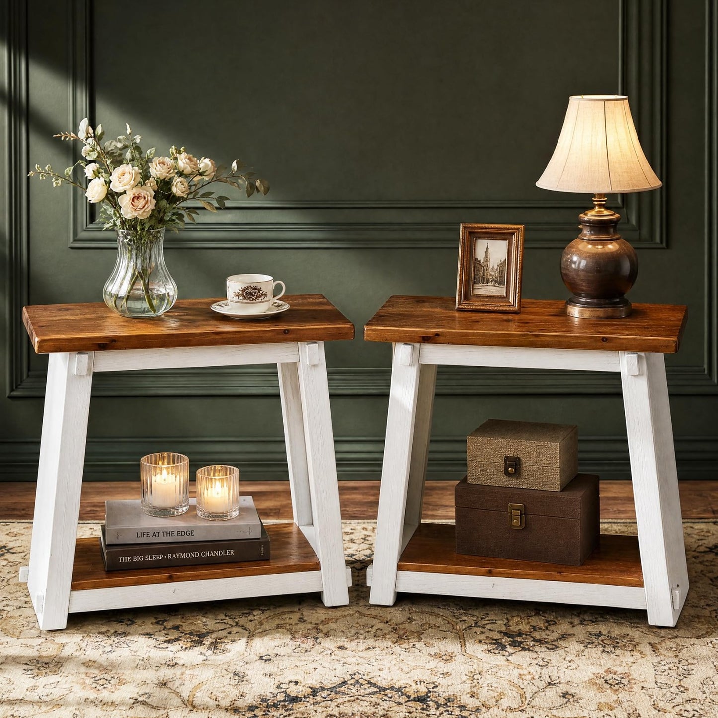Set of 2 Solid Wood End Tables - 2 Tier Rectangle Side Tables with Shelf, Rustic1