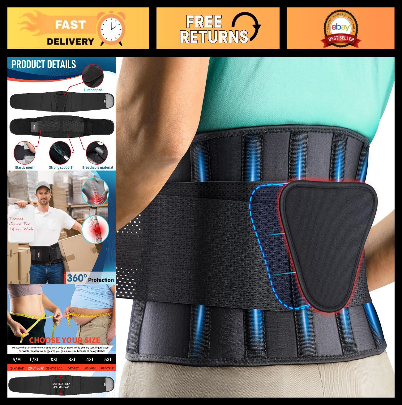 Adjustable Lumbar Support Back Brace for Pain Relief, Sciatica, Herniated Disc  0