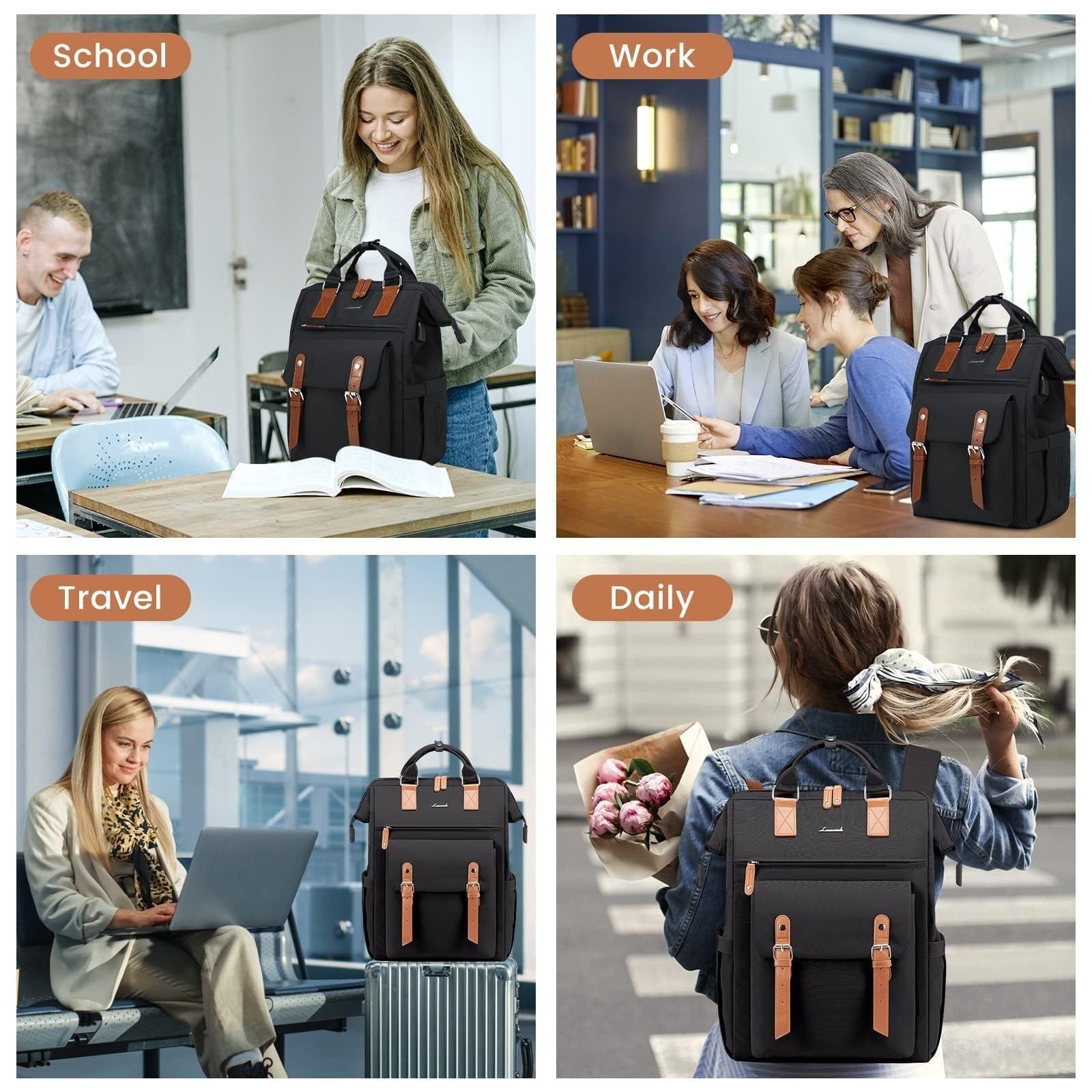 Stylish Laptop Backpack for Women, 15.6" Computer Bag, Work Travel Purse, Black/4