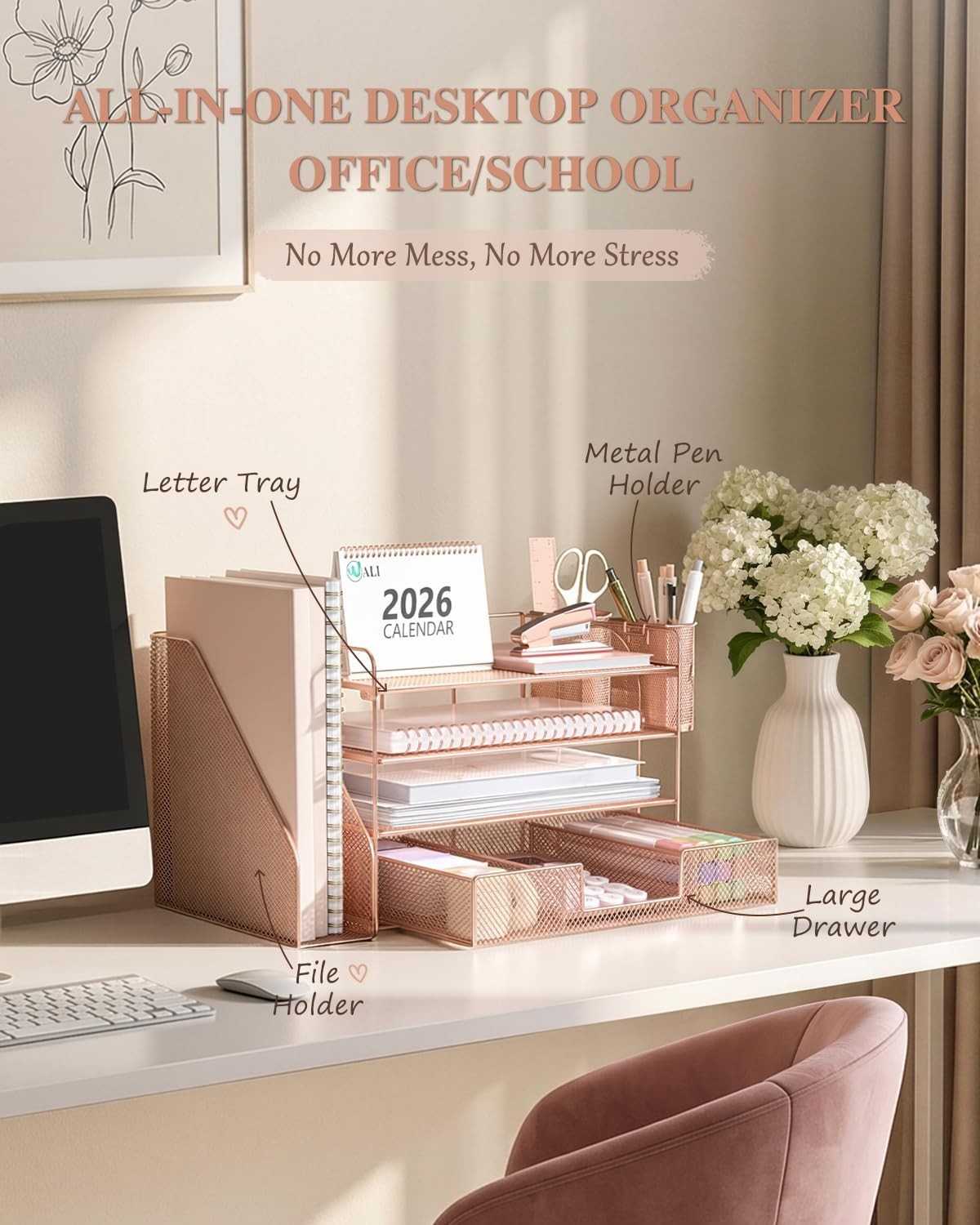 4 Tier Desktop File Organizer with Drawer & 2 Pen Holders   Rose Gold Office Sup3