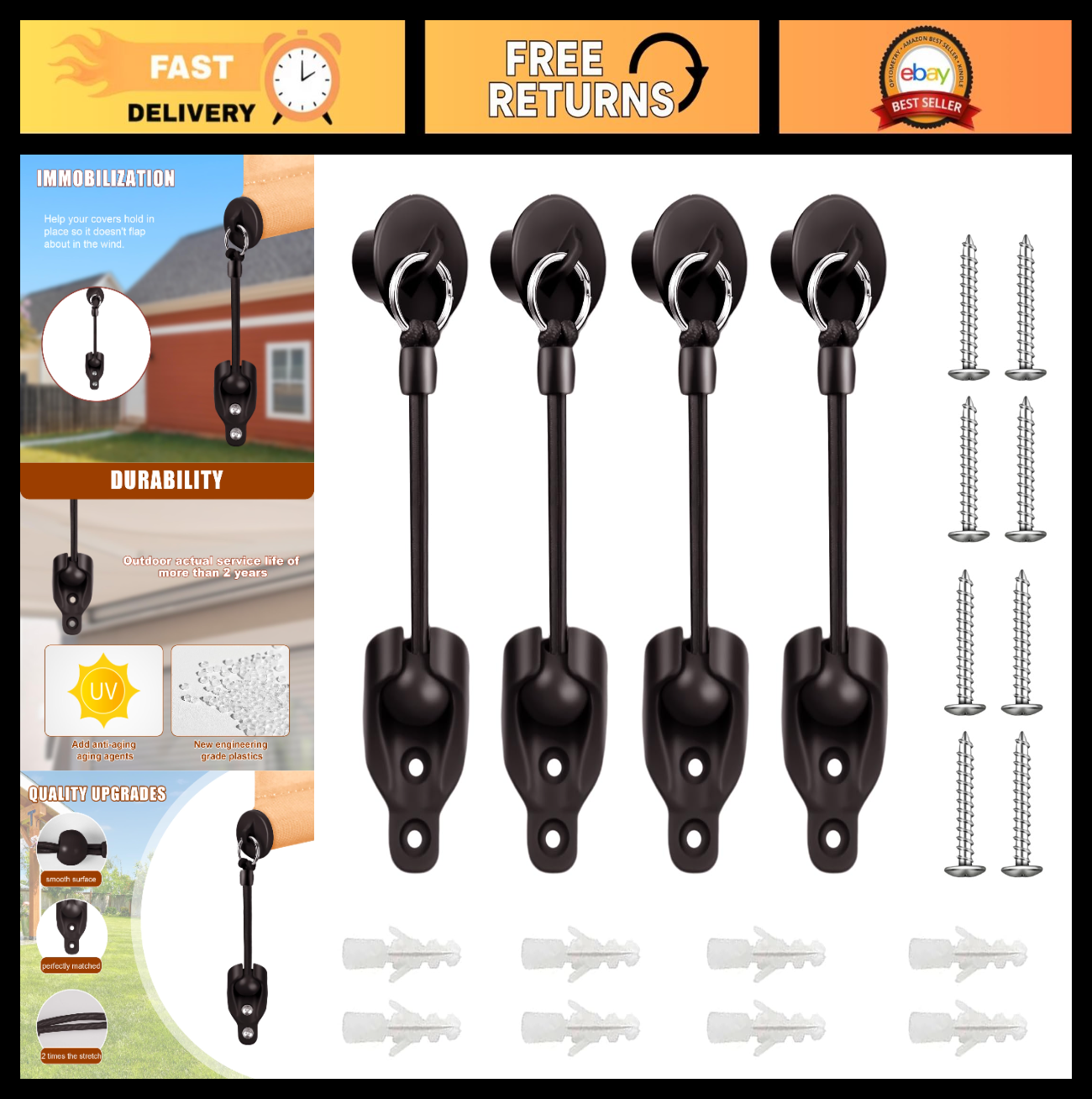 Replacement Parts for Outdoor Roller Shade - Bungee Kit & End Cap Tie Downs (2,0