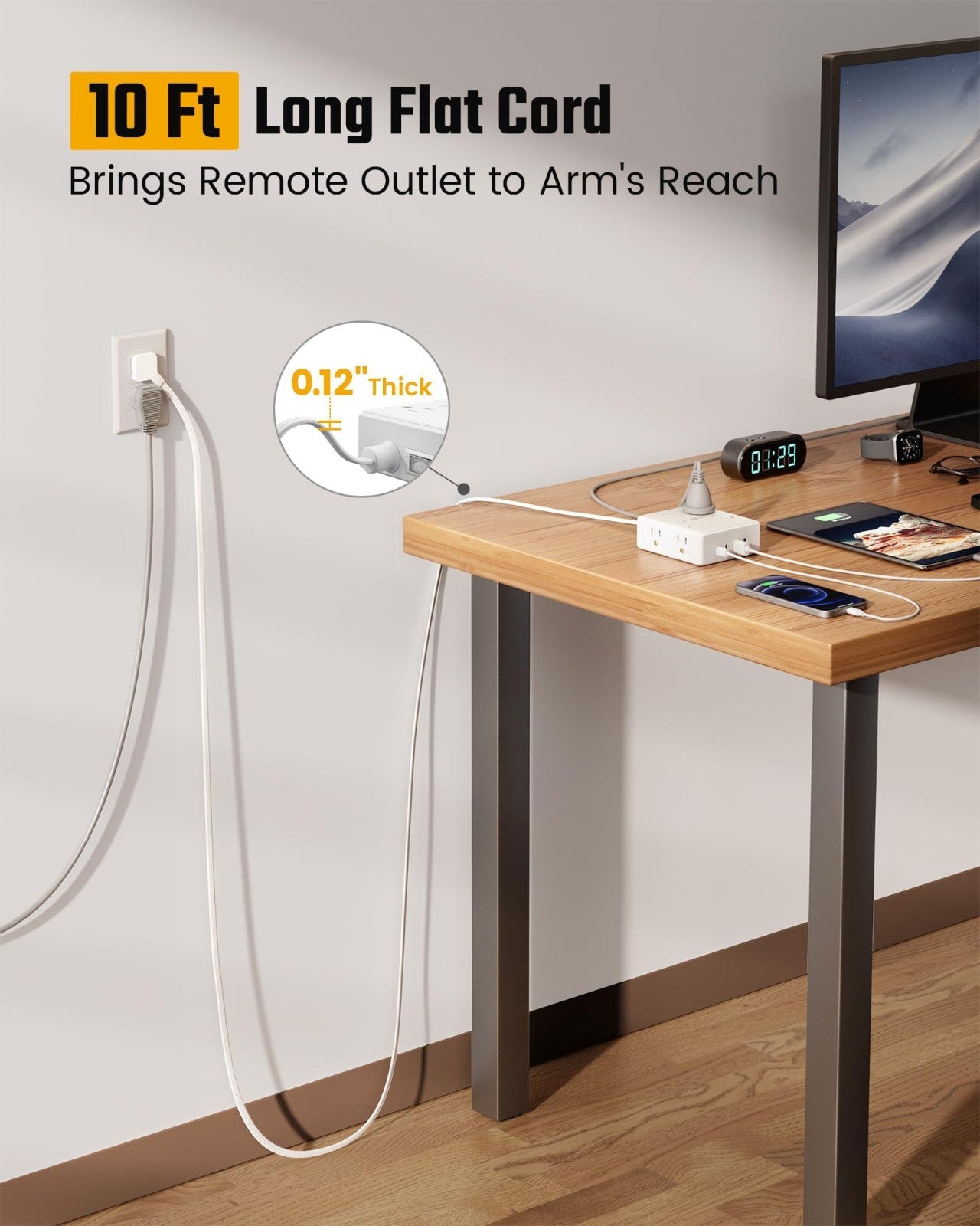 10Ft Flat Plug Extension Cord with Surge Protector Power Strip   6 Outlets, Heav2