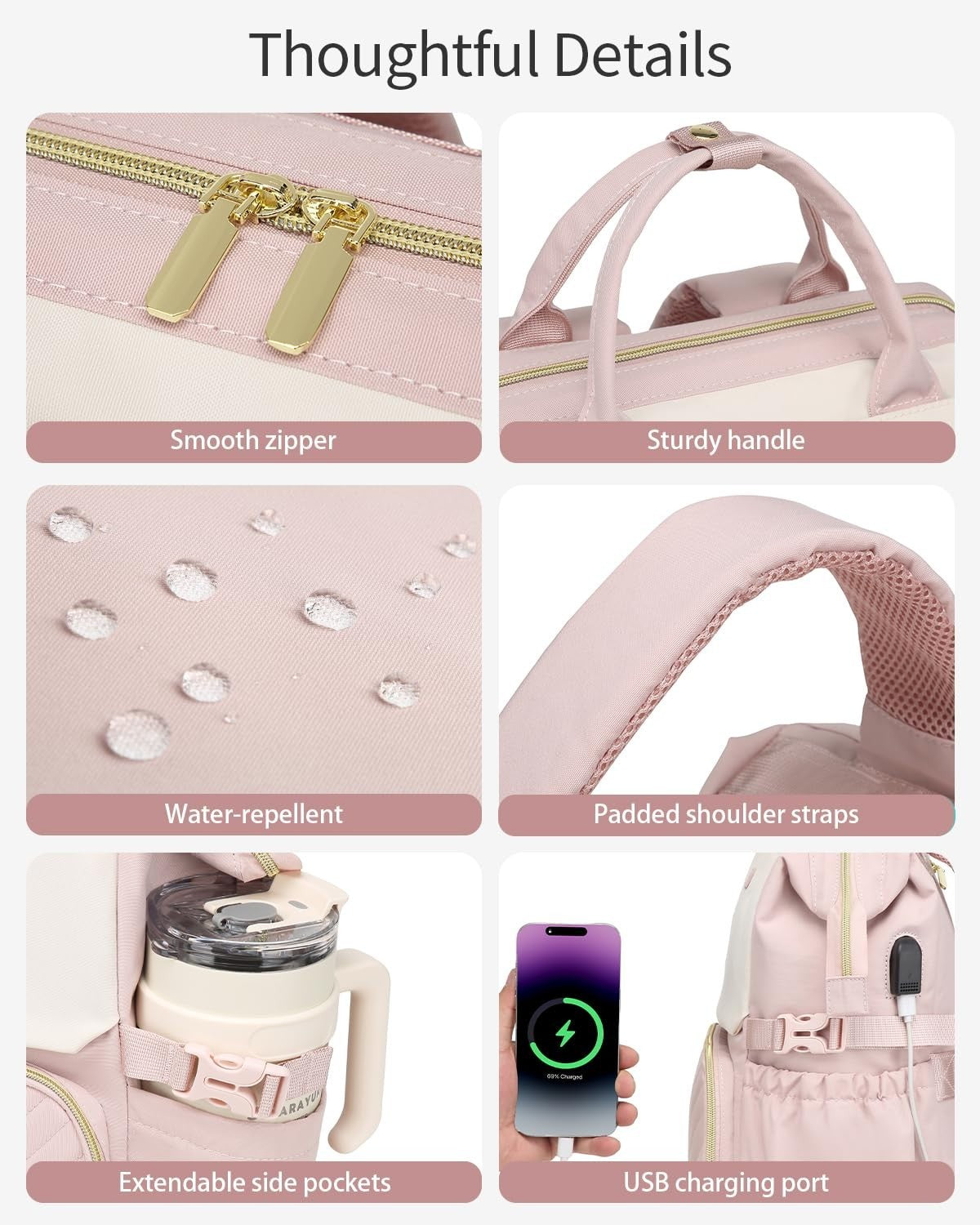 Stylish Laptop Backpack for Women   USB Charging, Cup Holder, Travel Bag, Beige4