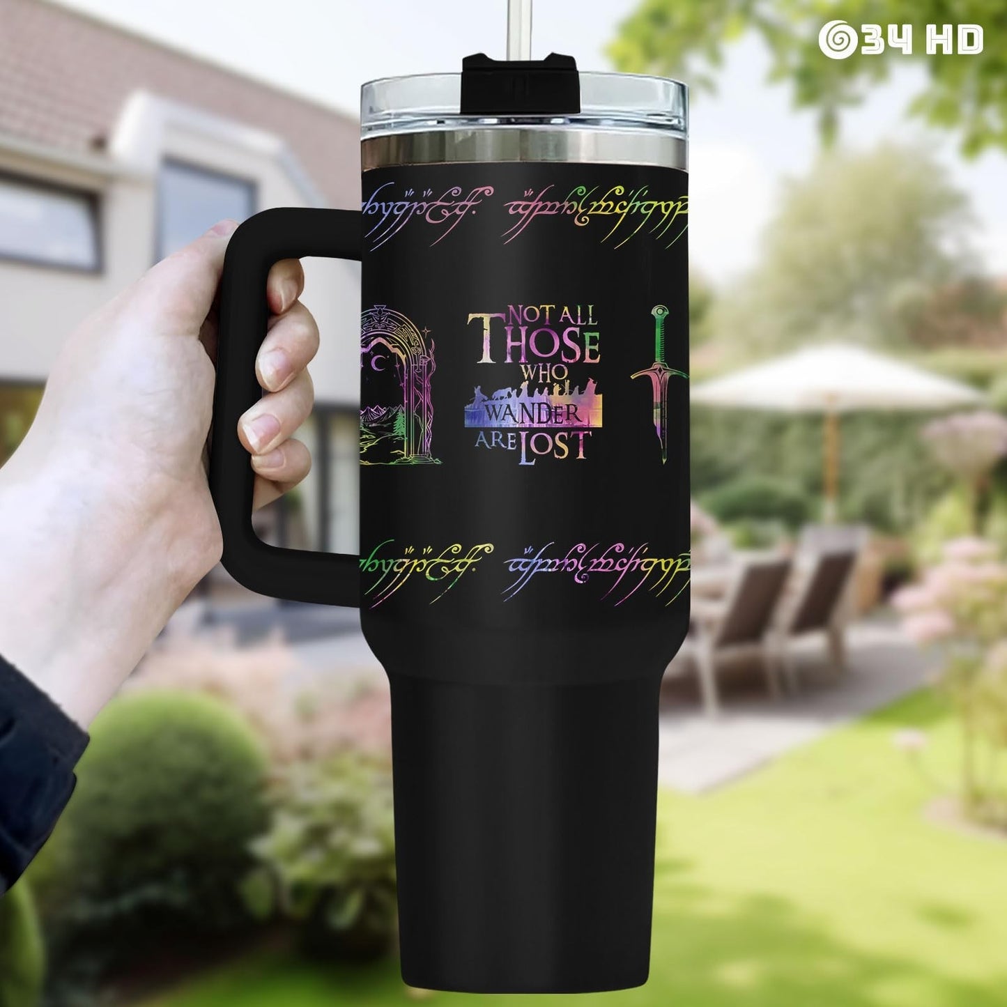 40oz Insulated Travel Mug with Handle & Straw   Fantasy Wanderer Tumbler, Bookis6