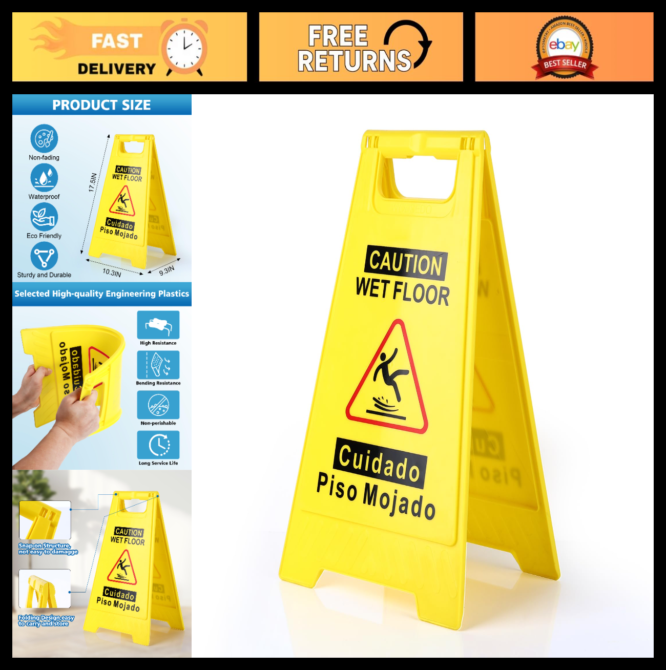 Caution Wet Floor Sign   17.5" Double Sided A Frame, Bright Yellow, Bilingual Sa0