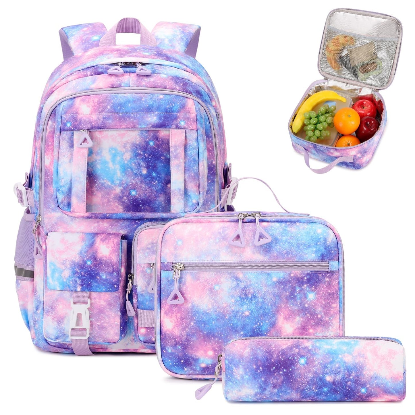 Kawaii 3pcs Kids Backpack Set with Lunch Box - Girls Book Bag for School, Galaxy10