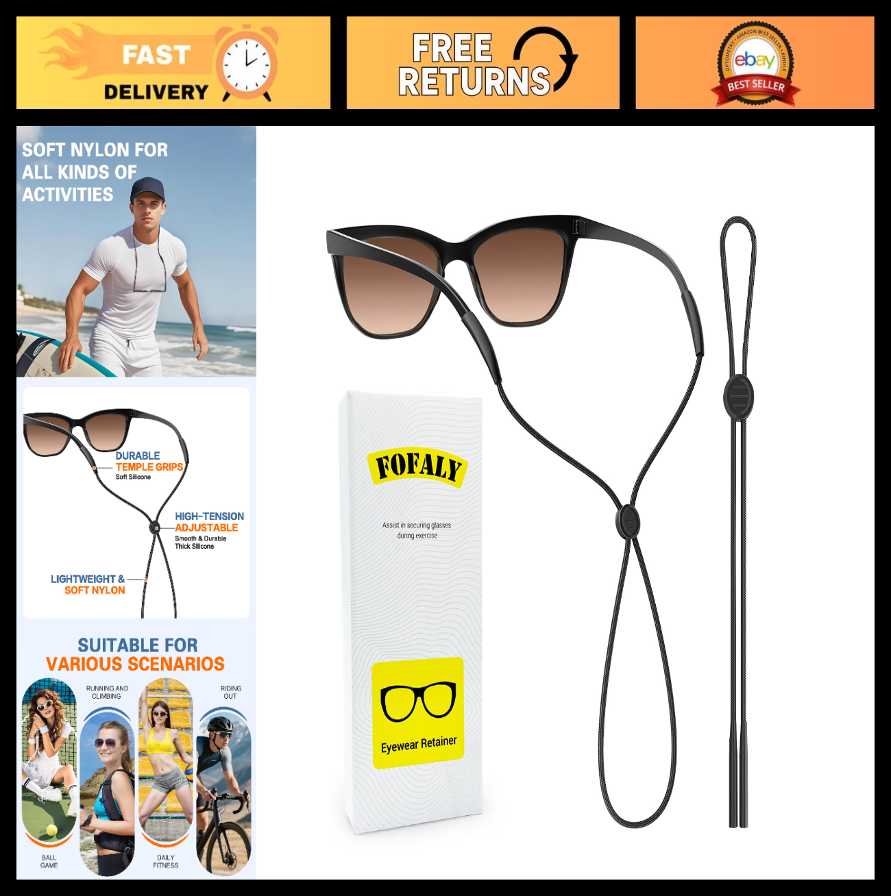 Adjustable Eyewear Strap, Anti-Slip Sunglasses Holder, Glasses Chain for Sports,0