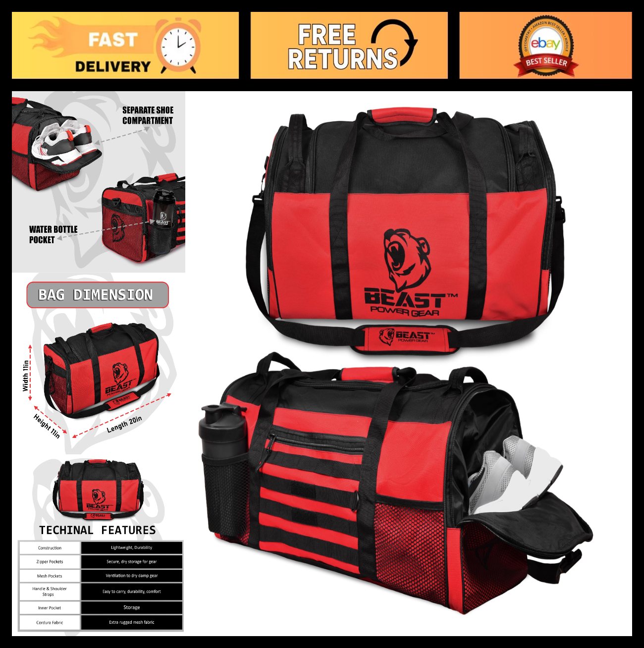 Versatile Gym Duffle Bag for Workout, Boxing, MMA - Shoes Compartment, Adjustabl0
