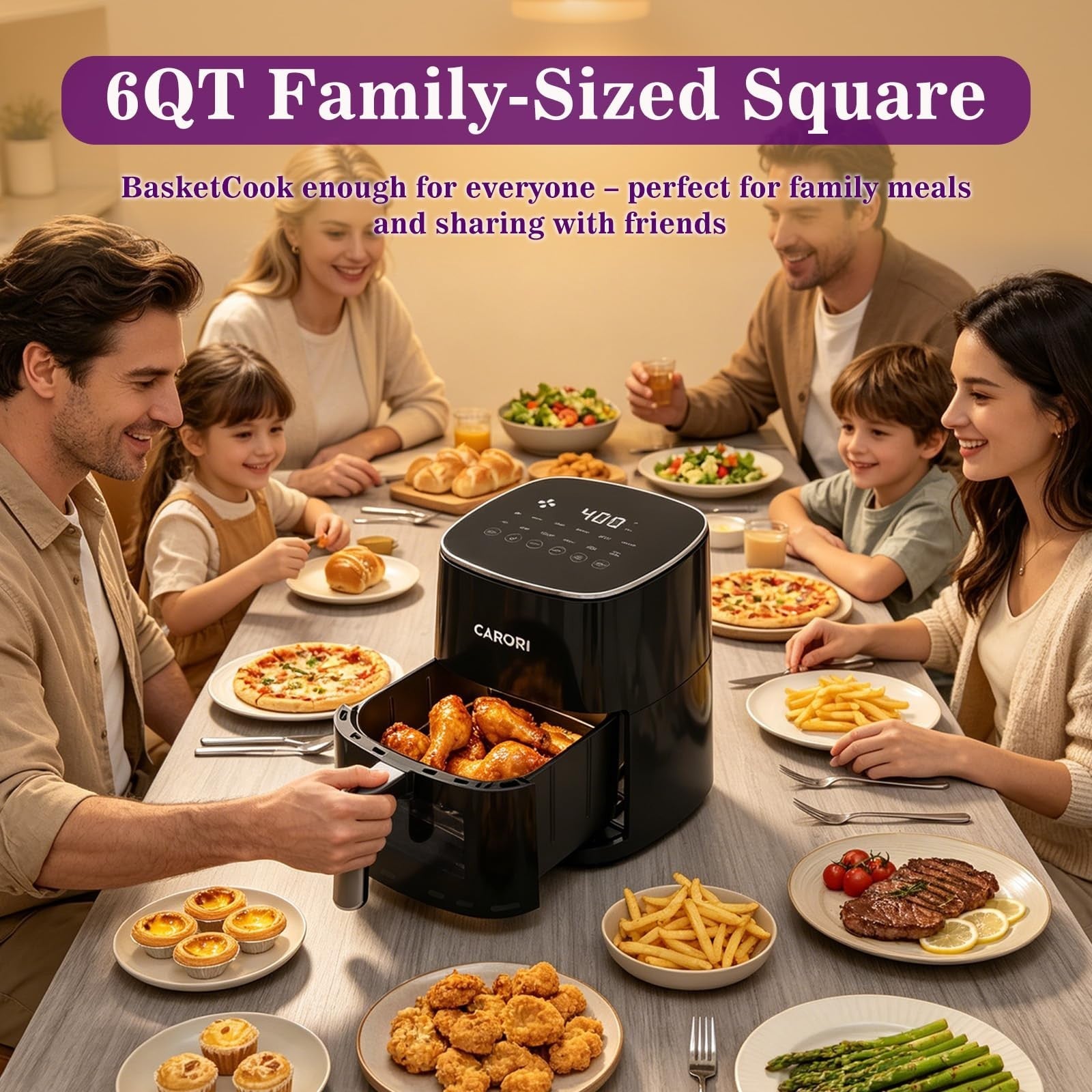 6Qt Air Fryer with Viewing Window, 12 Presets, 1700W, Nonstick Basket, Large Cap6