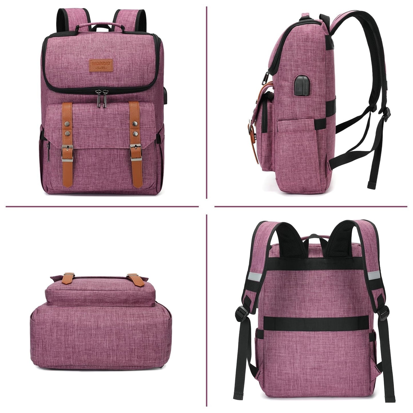 Vintage Travel Laptop Backpack with USB Charging Port, Fits 15.6" - Purple/Brown5