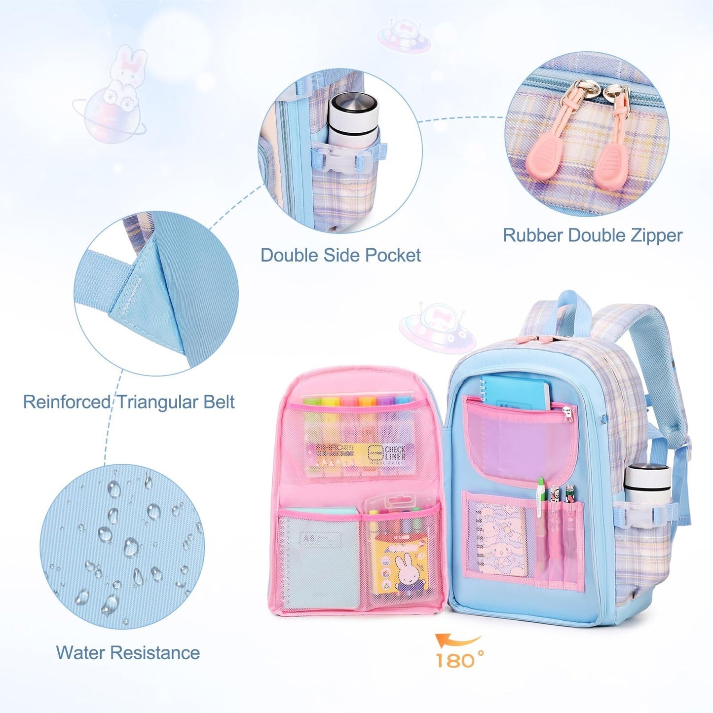 Kawaii Bunny Girls Backpack Set   3PCS School Bag with Lunch Box & Pencil Case,3