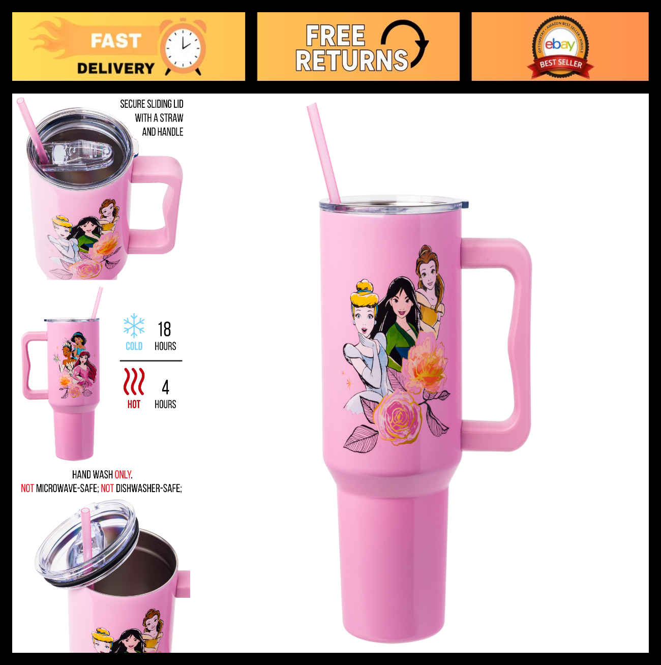Disney Princess Stainless Steel Tumbler   40oz Double Wall, Fits Cup Holder, Str0