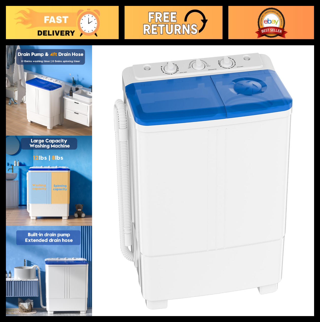 Compact Portable Washing Machine 20lbs Twin Tub Mini Laundry with Drain Pump, 120