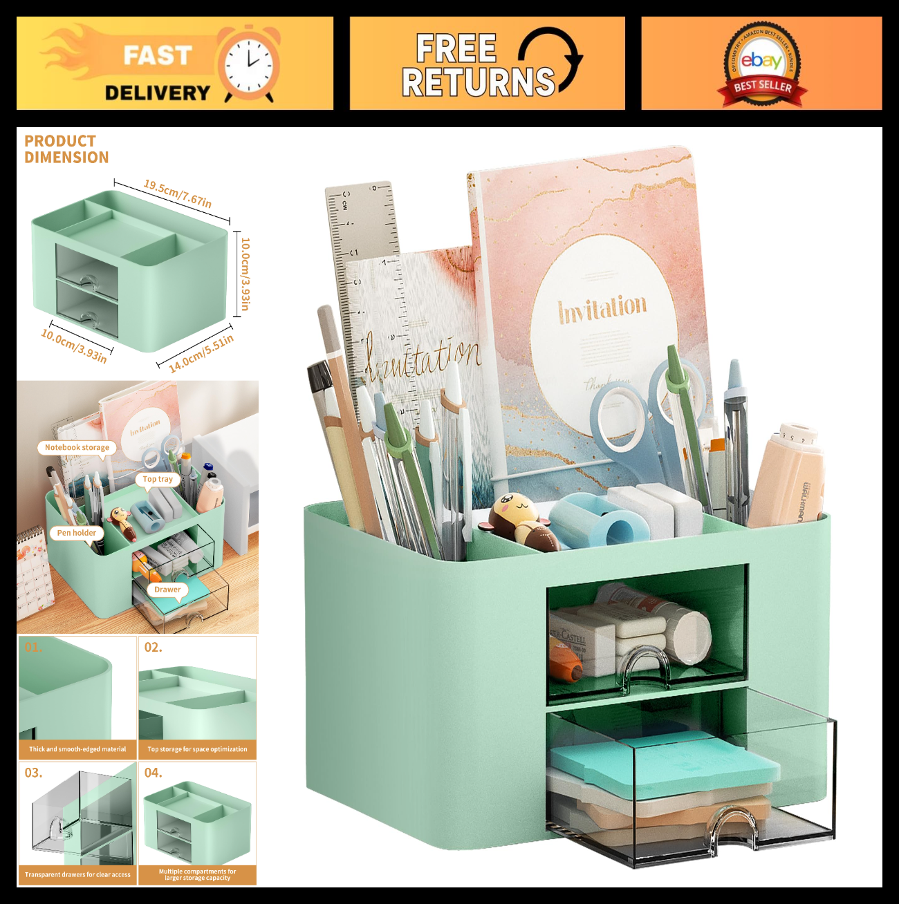 Multi Functional Desk Organizer with 2 Drawers, 5 Compartments, Pencil Holder  0