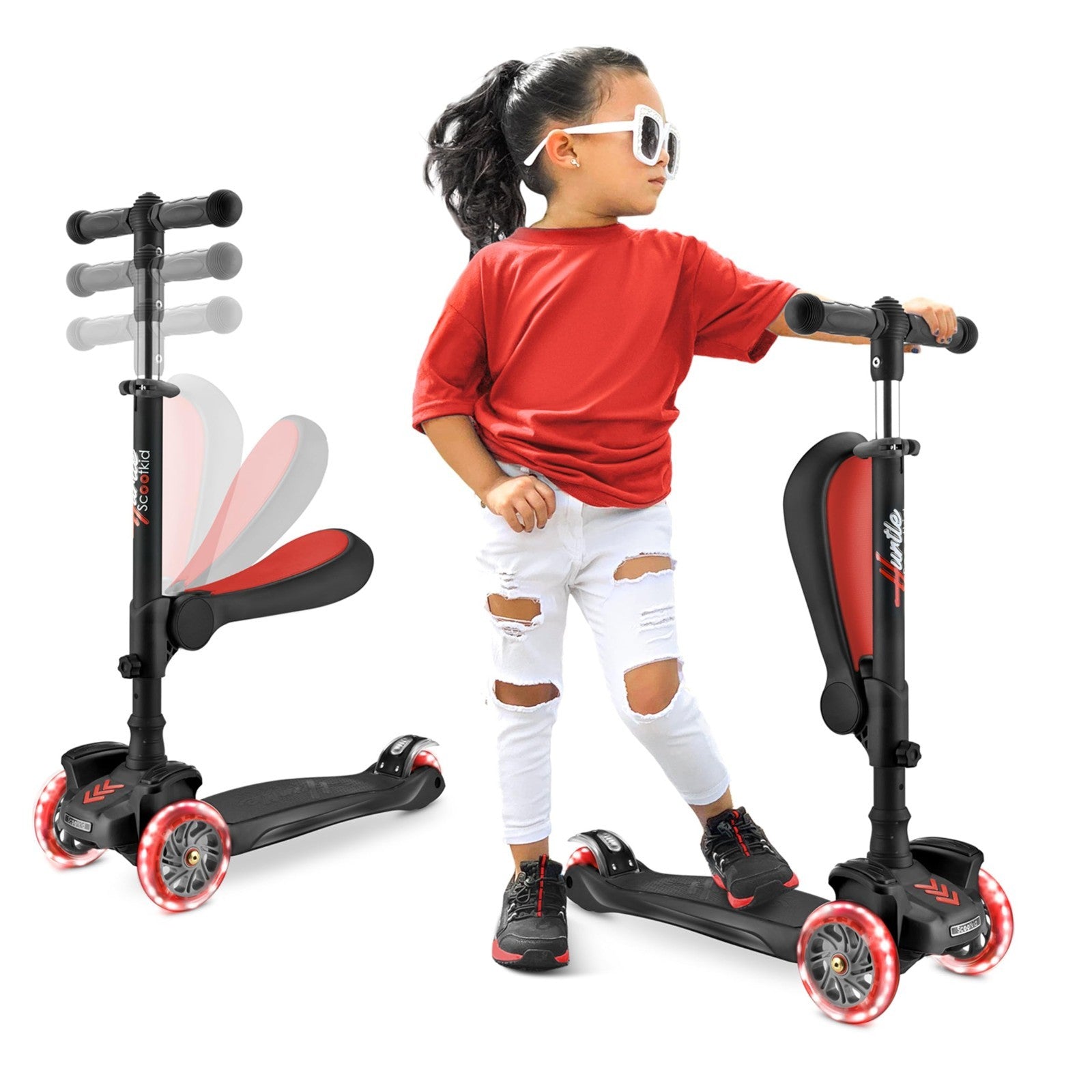 3-Wheeled Kids Scooter with LED Lights, Adjustable Handlebar, Foldable Seat, Sit1