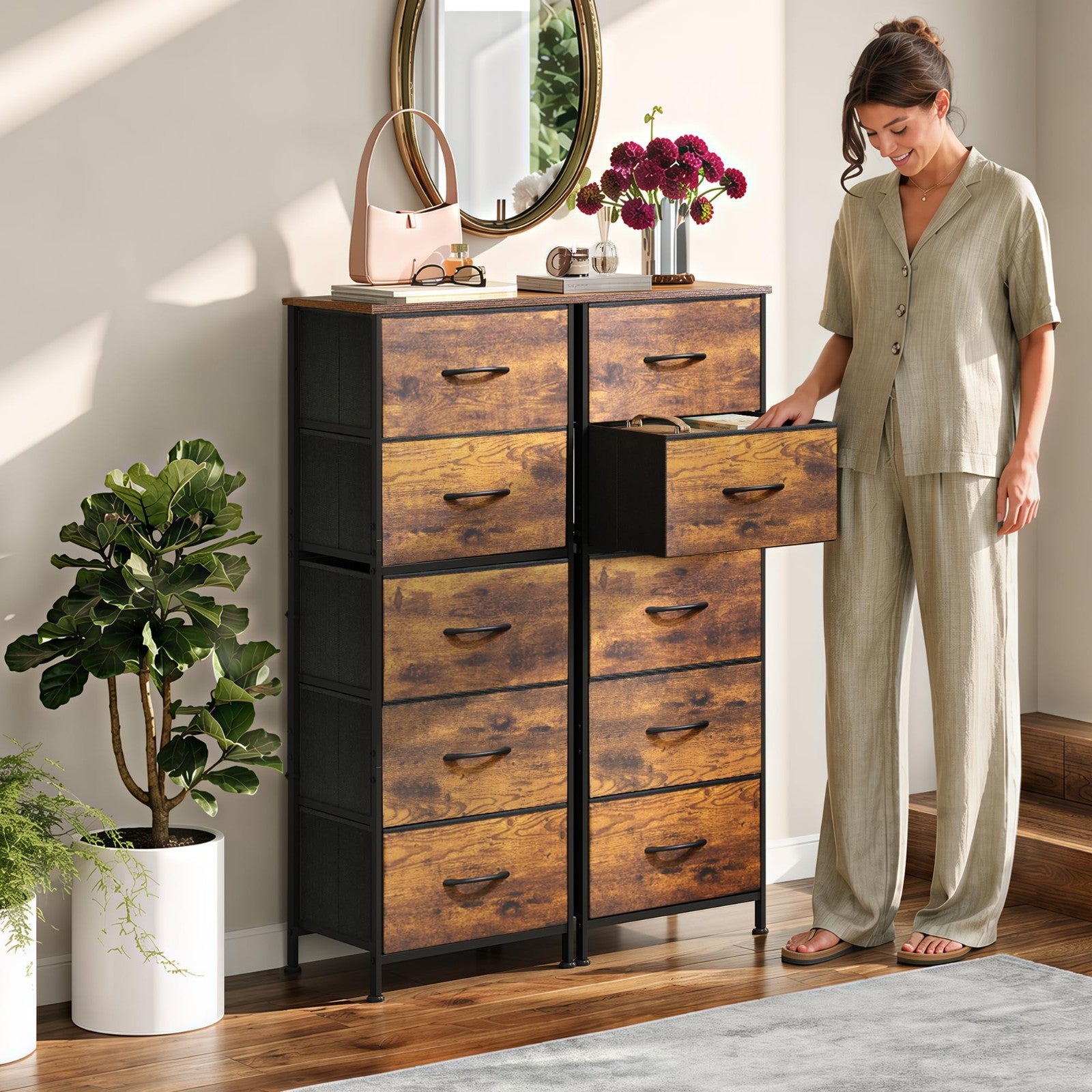 Tall Dresser for Bedroom - 5 Drawer Vertical Storage Chest, Rustic Brown, Space-2