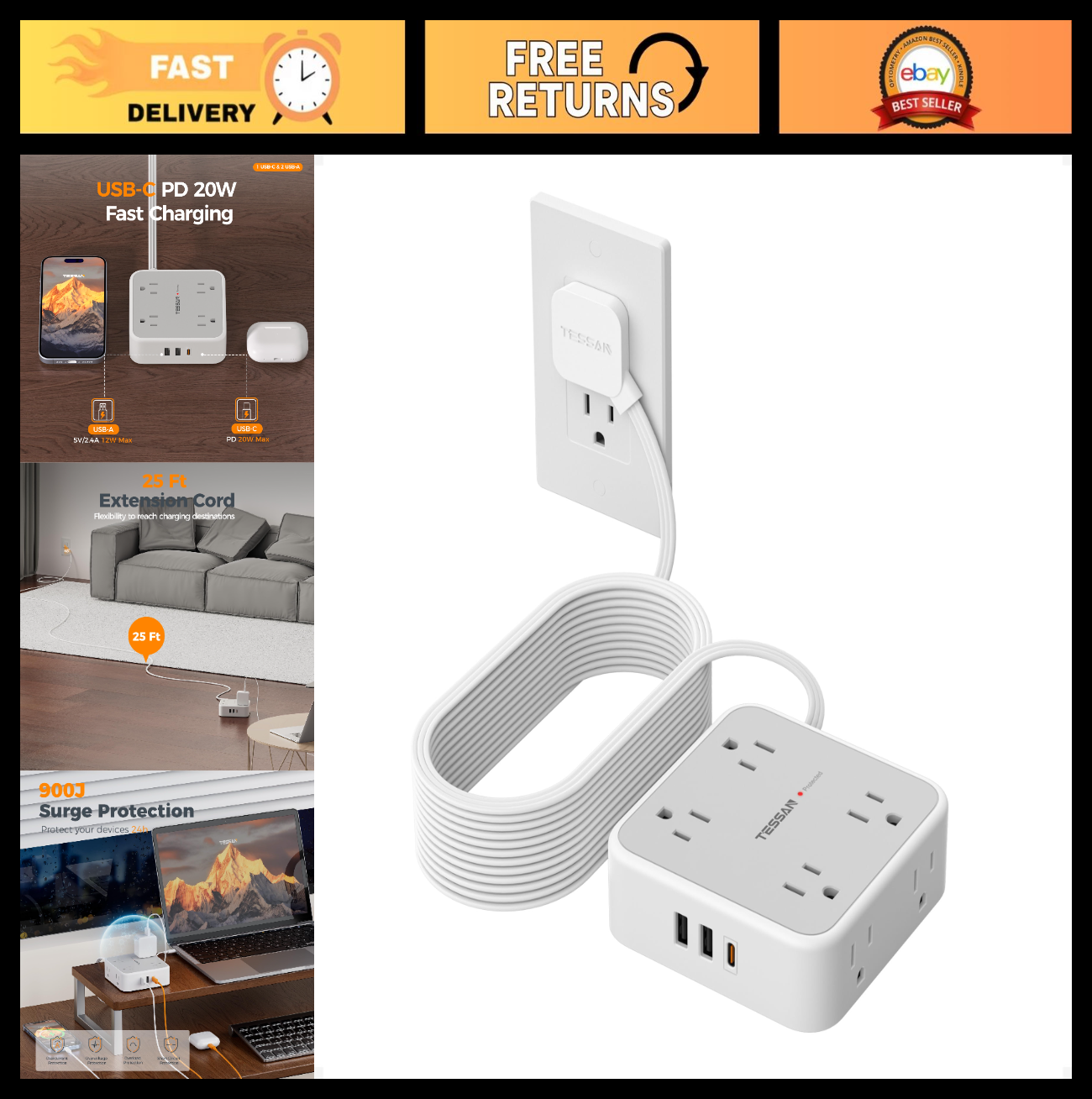 25 Ft Surge Protector Power Strip, 900J Surge Protection, 6 Outlets, Grey0