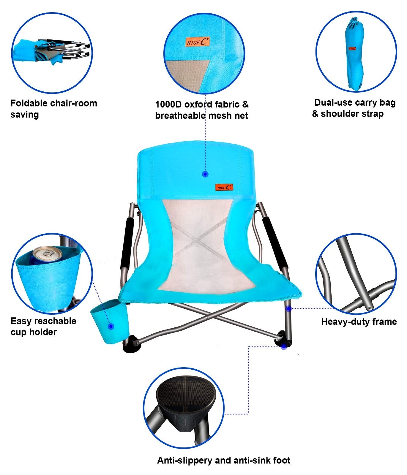 Compact Folding Beach Chair with Cup Holder - Heavy Duty Outdoor Camping, Travel4